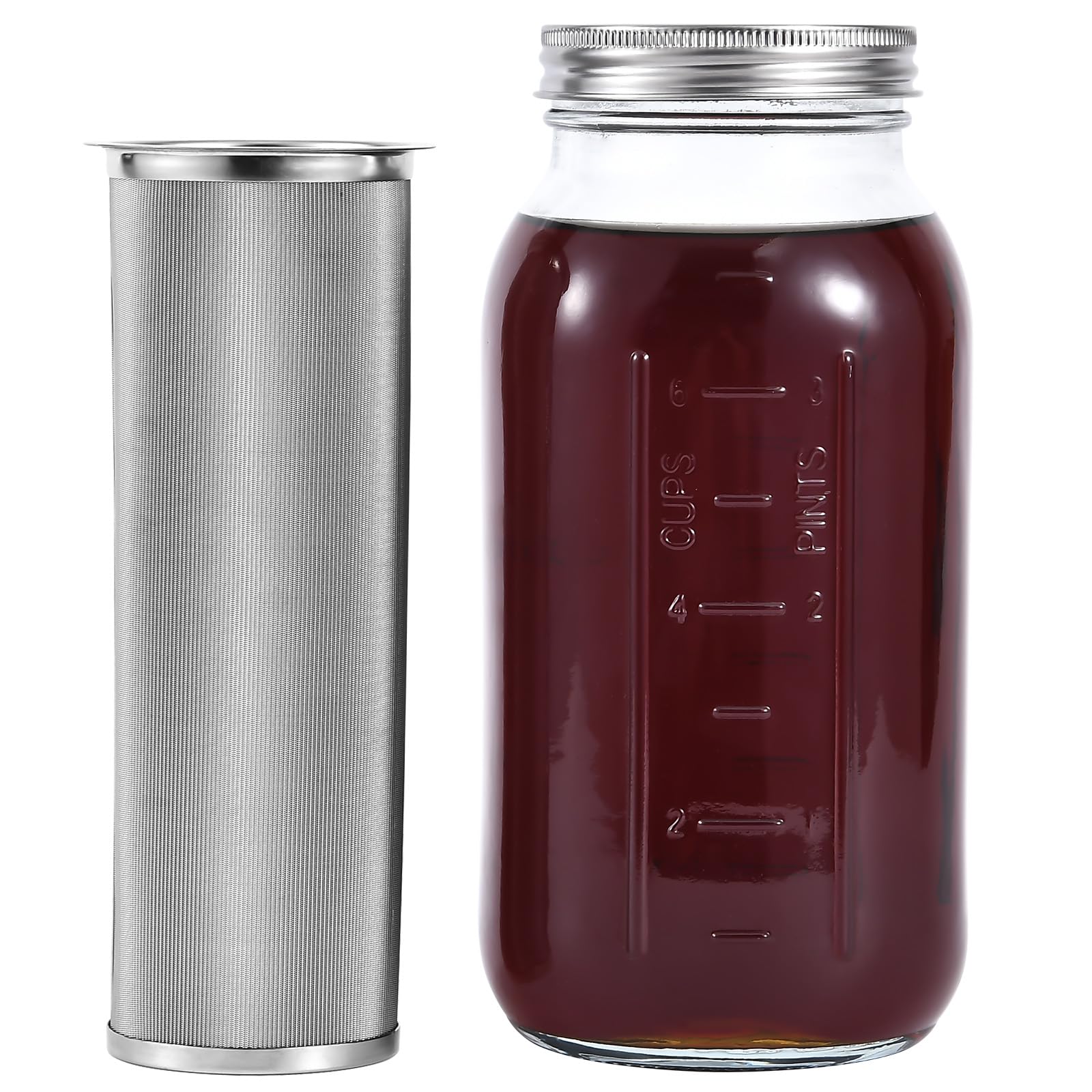 UPTRUST Durable Glass Cold Brew Mason Jar Iced Coffee Maker, 64 oz (2 Quart), Heavy Duty Stainless Steel Filter for Iced Brew Coffee, Lemonade, Ice Tea, Homemade Fruit Drinks Container