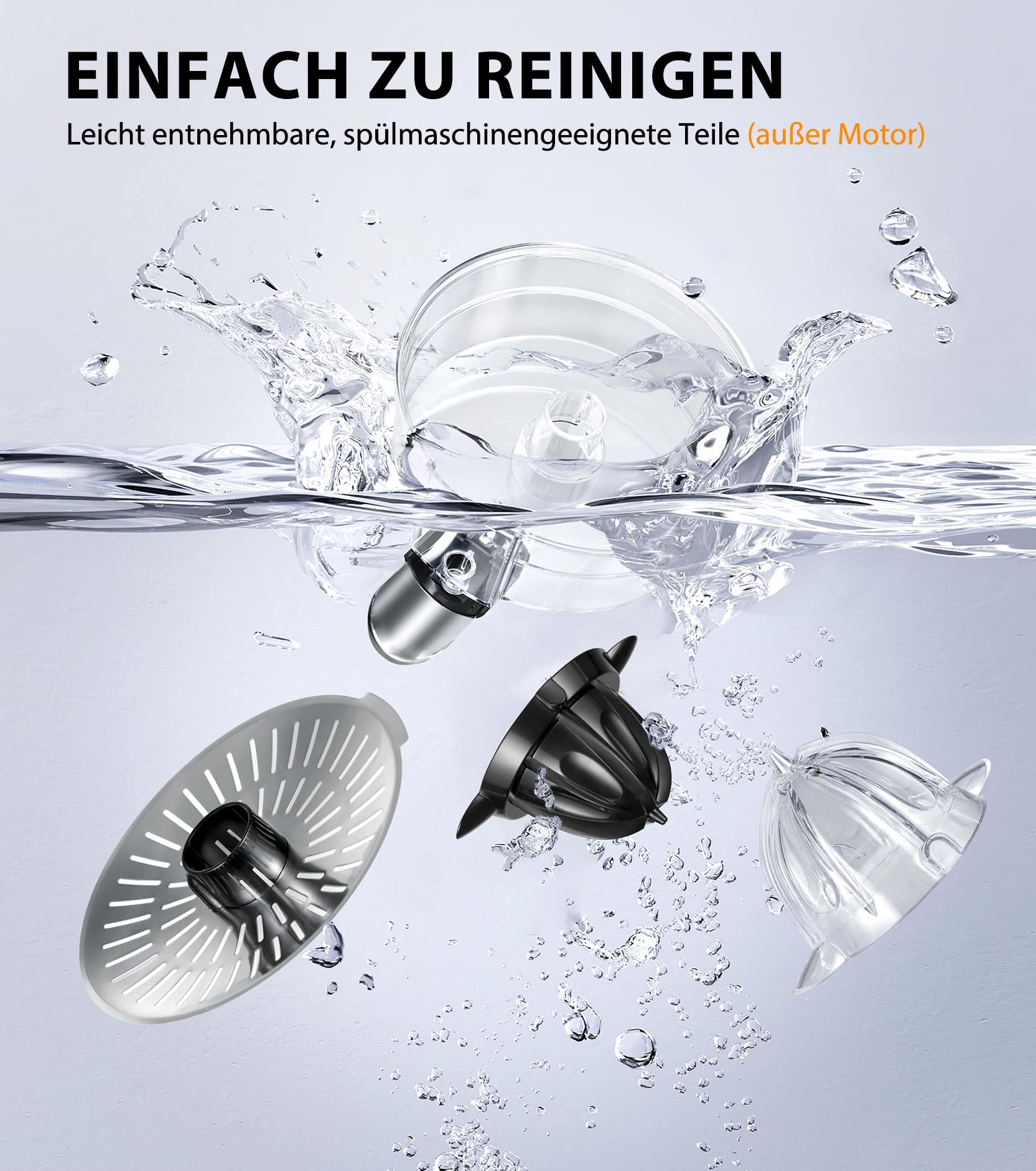 Elektrischer Zitruspresse, Zitrusentsafter mit 2 Aufsätzen und Soft-Griff für müheloses Entsaften, Geräuscharmer Edelstahl-Entsafter für Limette, Grapefruit & Zitrone, Schwarz