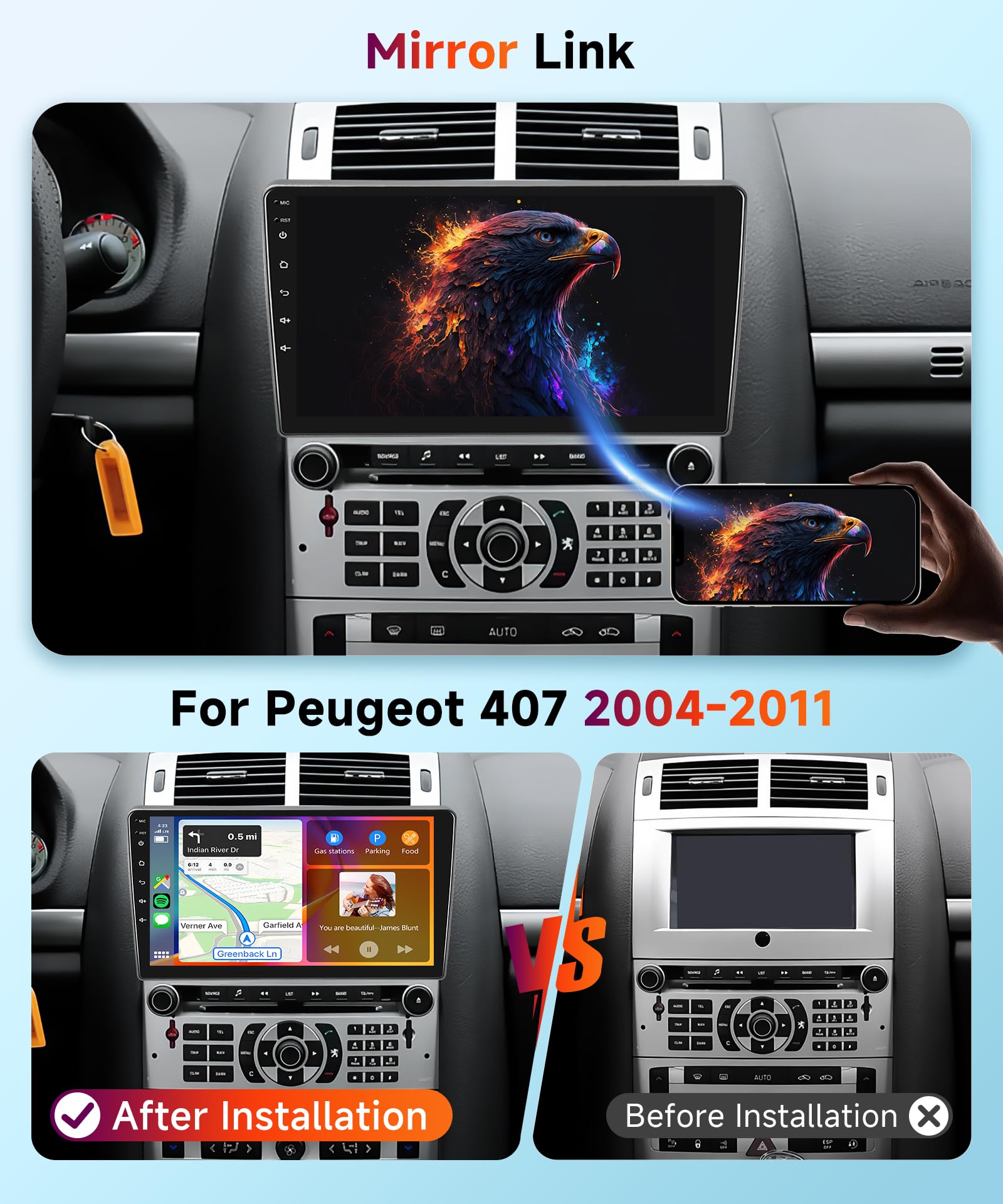 【2+64G】 Hodozzy Carplay Android Auto Autoradio pour Peugeot 407 2004-2011,9 Pouce Touchsreen Bluetooth Poste Radio Voiture avec GPS/WiFi/RDS/FM/USB+Camera de Recul