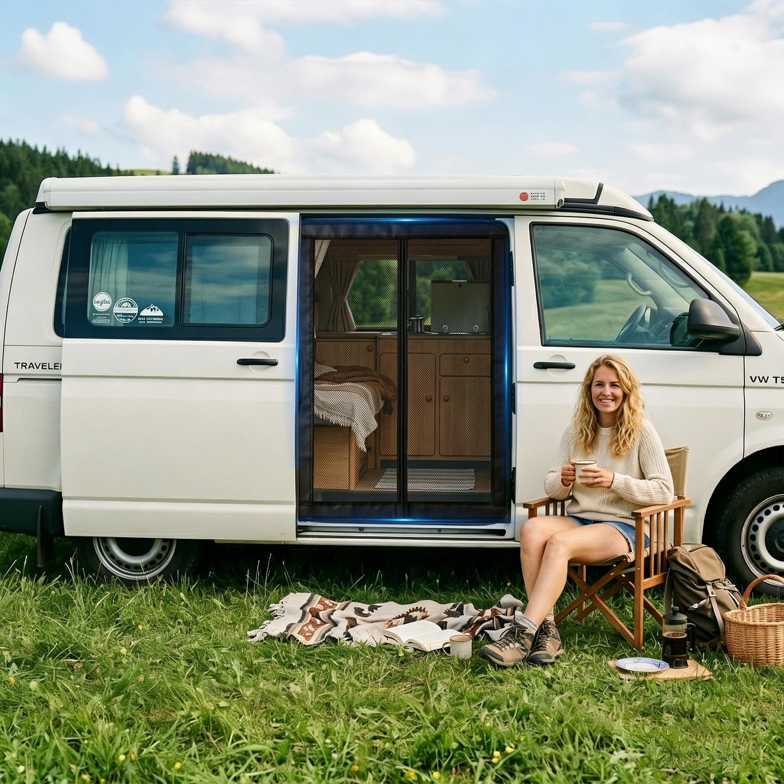Moskitonetz Magnetisch für VW T5 T6 Schiebetür | Insektennetz & Fliegengitter mit Schattennetz | Sonnenschutz als Camping Zubehör für Multivan