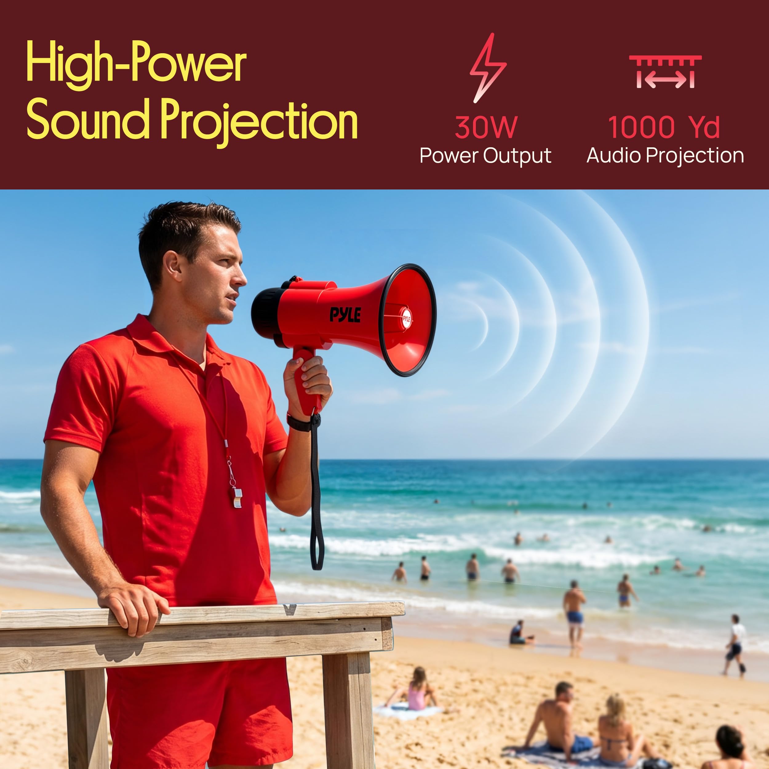 Pyle Mégaphone portable avec sirène | Sortie mégaphone légère de 30 W, portée de 914 m et charge USB-C | Modes conversation et musique pour écoles, sports, événements et annonces | Rouge foncé