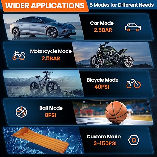 Miniatura 7 de Inflador de neumáticos, compresor de aire portátil, bomba de bicicleta de 150 PSI, inflador de neumáticos portátil inalámbrico con indicador de