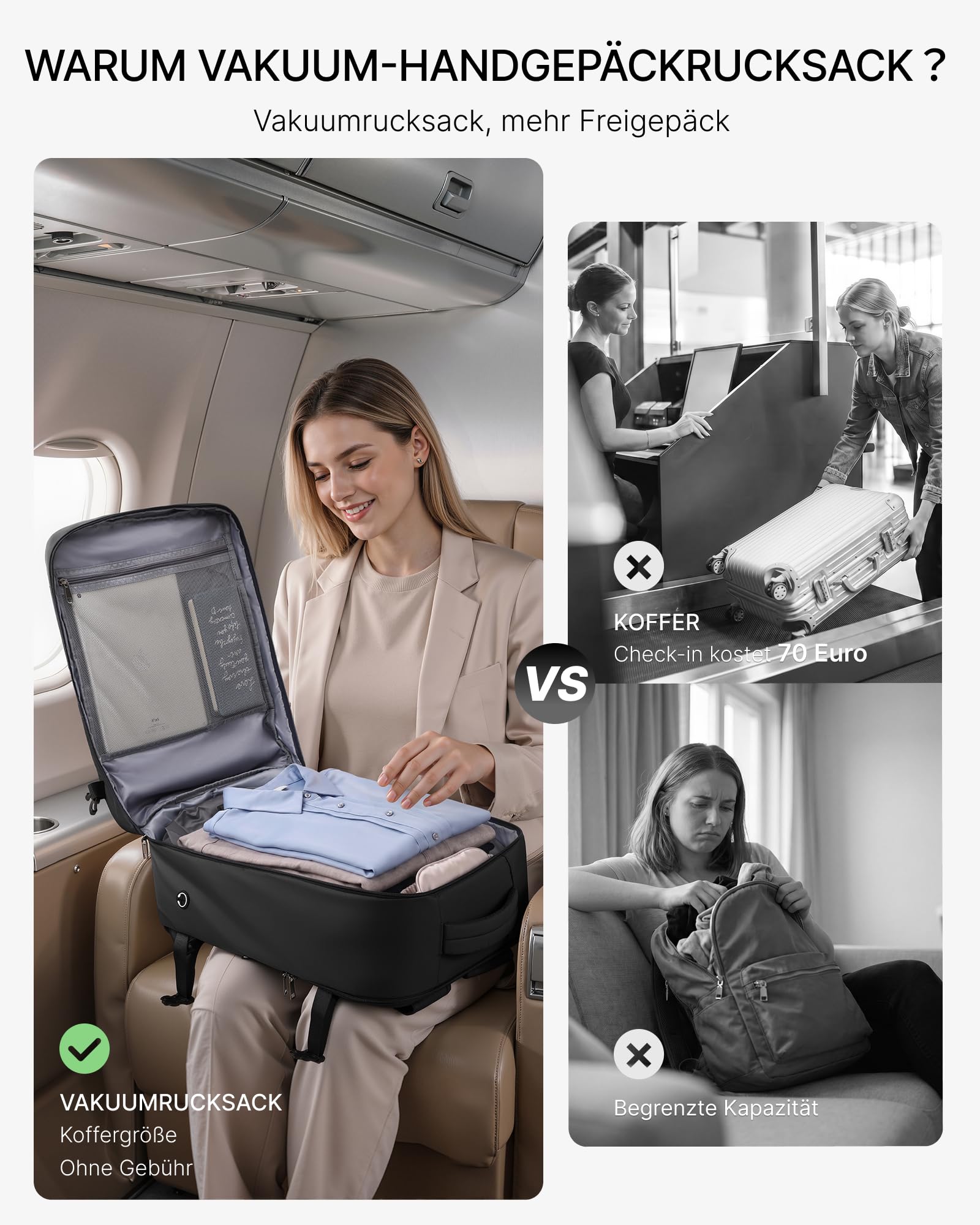 COOLIFE Vakuum Rucksack Handgepäck 45x36x20 EasyJet Eurowings Vakuumpumpe | Abnehmb.Vakuumbeutel, 50% mehrPlatz, Laptopfach 17 Zoll – Business Trip, Wochenendtrip & Meeting für Damen Herren