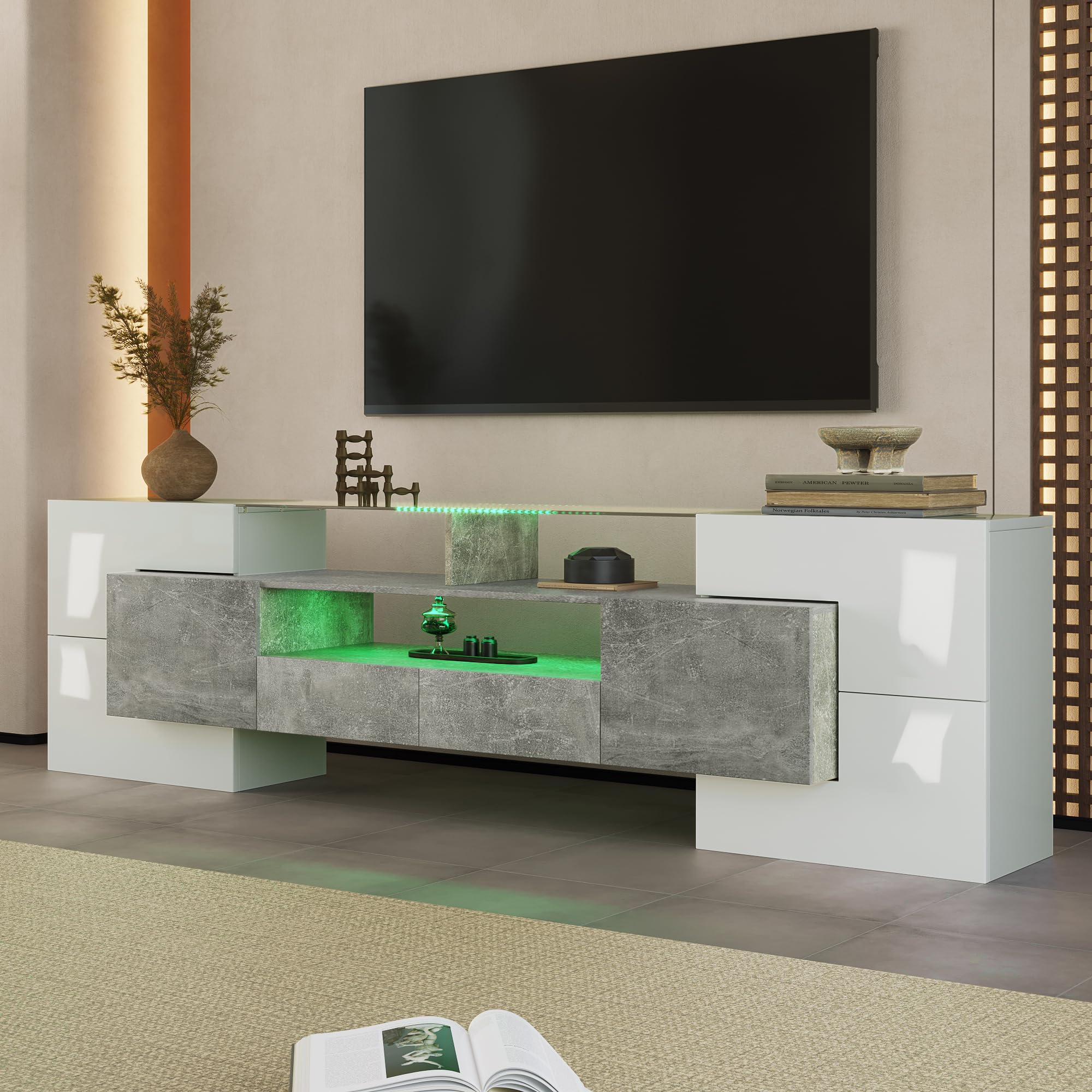 Mobile TV basso 200 cm bianco lucido e cemento con illuminazione a LED – Mobile TV moderno, 6 ante con chiusura morbida, 2 cassetti, superficie in vetro, molto spazio per il soggiorno
