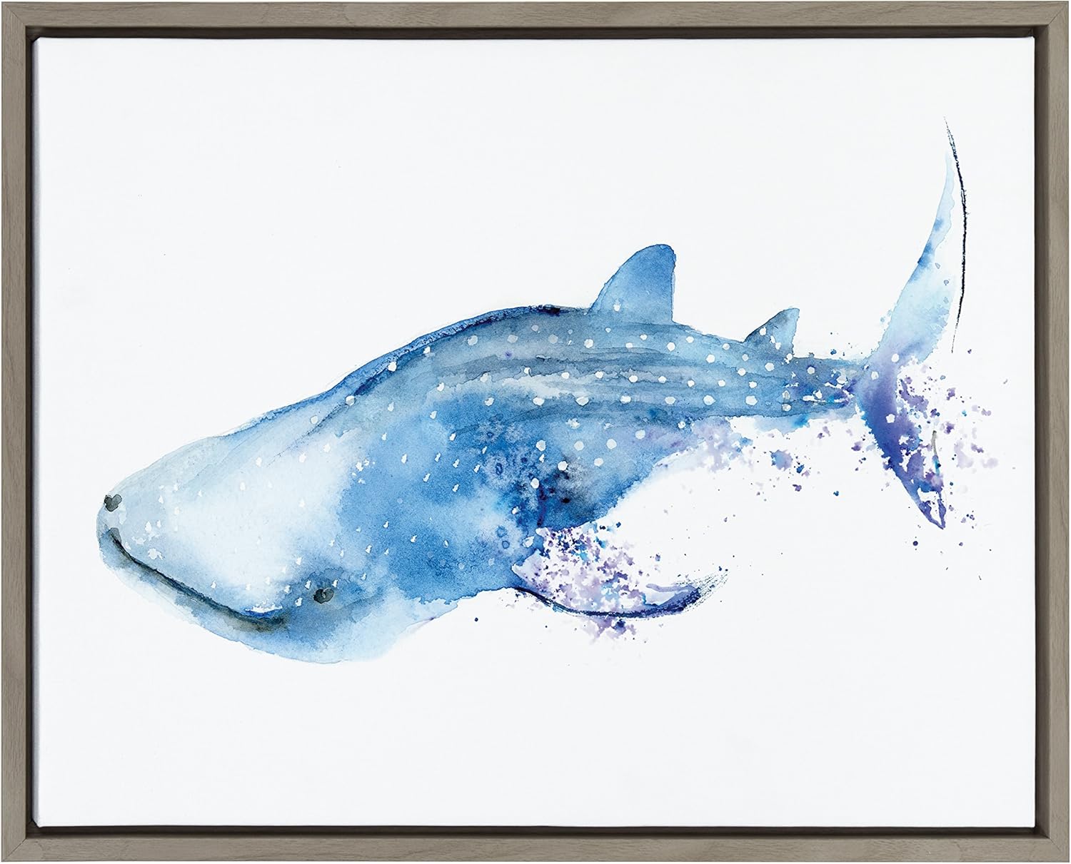 Kate and Laurel Sylvie Blue and White Swimming Whale Shark Framed Watercolor Print on Canvas by Cathy Zhang, 18x24 Gray