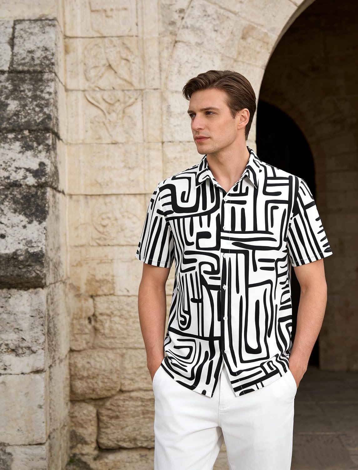 Men's Button Down Shirts, Summer Beach Casual Hawaiian Shirts, Short Sleeve Abstract Geometric Shirt