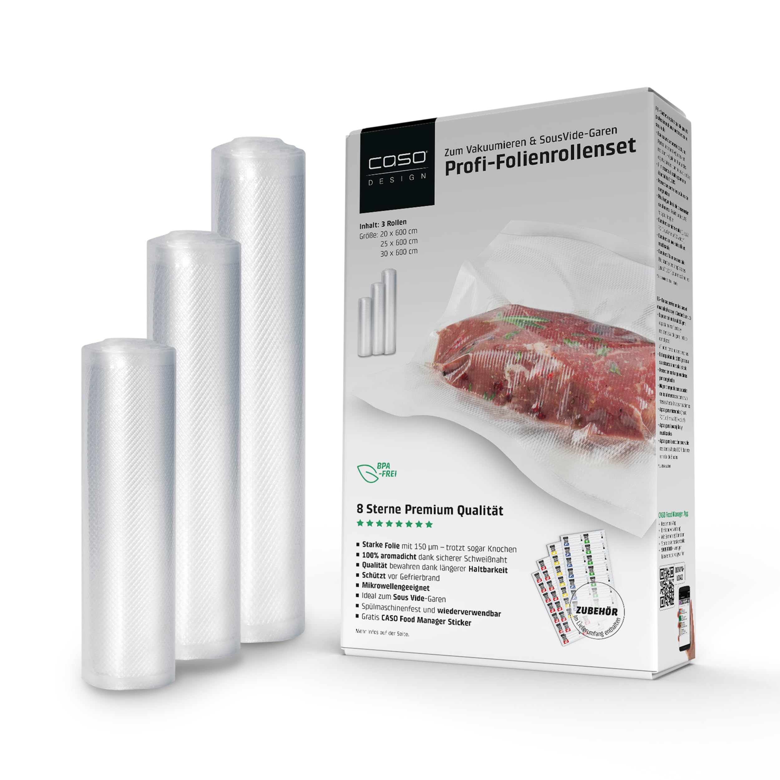 CASO Profi- Folienset 4, 3x Folienrolle (1x20x600cm, 1x25x600cm, 1x30x600cm), Vakuumierbeutel, Vakuumbeutel für Lebensmittel, reißfest 150µm, Vakuumierfolie Sous Vide, BPA-frei