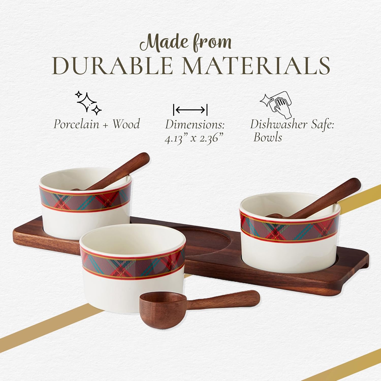 Spode Christmas Tree Condiment Set - 7 Piece Holiday Serveware Set - Ceramic Dip Bowls, Spoons, Serving Tray Included - Appetizers, Sauces, & Snacks - Tartan Plaid, Festive Entertaining