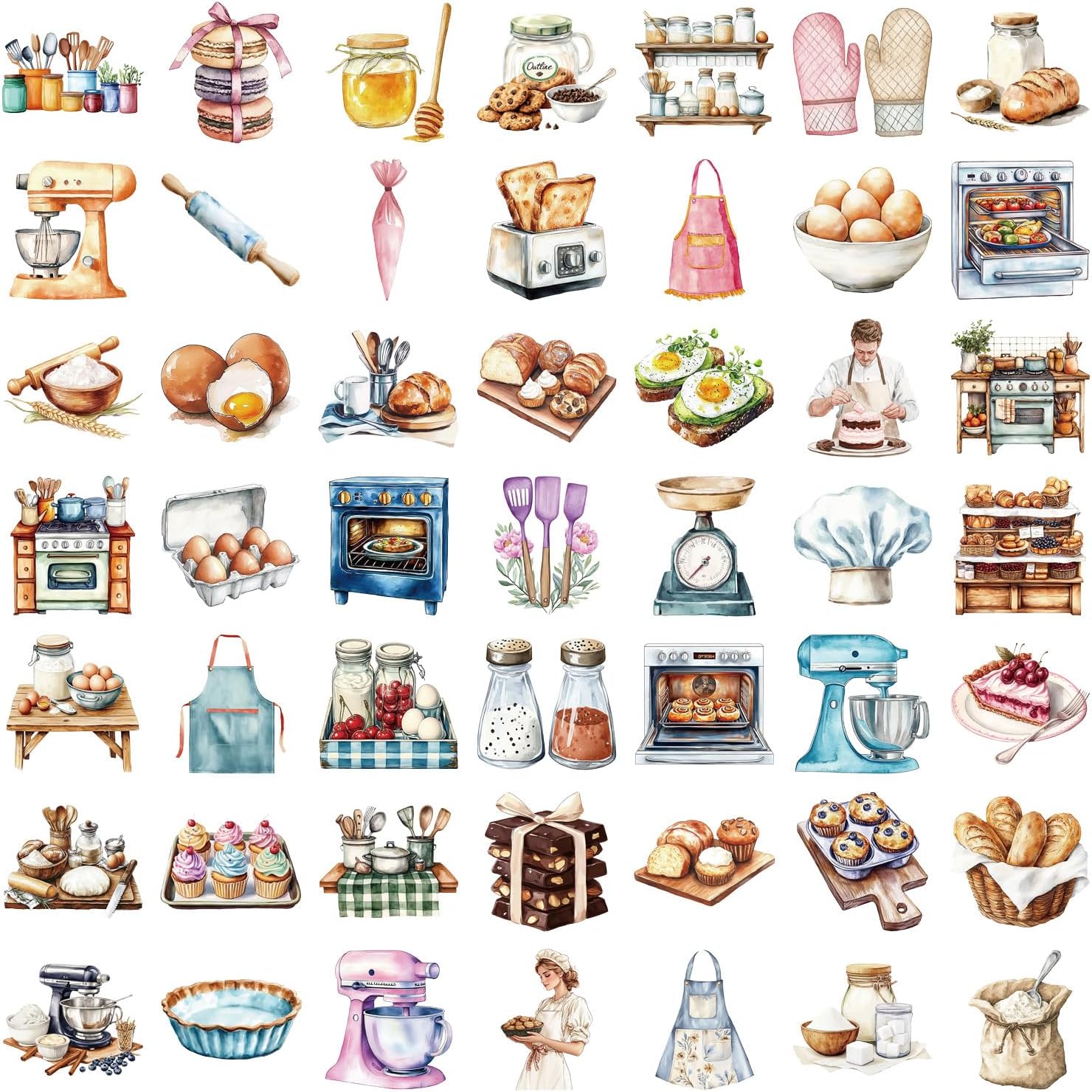 Watercolor Baking Kitchen Stickers, Vintage Bakery Bread Pastry Decals