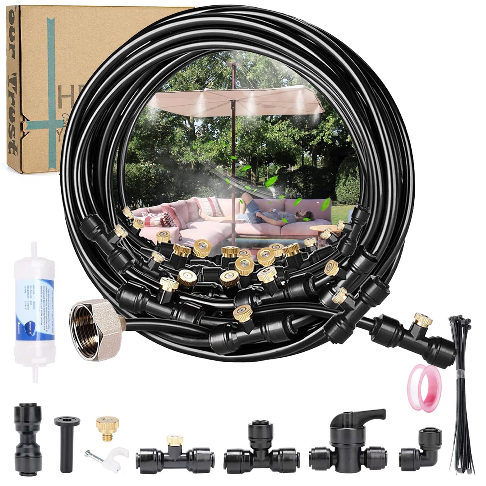 Kit Brumisation Terrasse Extérieur 8/10/15/18M | Tuyau PU Anti-UV, Buses en Laiton, Raccords Étanches avec Filtre à Eau | Système de Brumisation Jardin, Pergola, Parasol et Serre (18m)