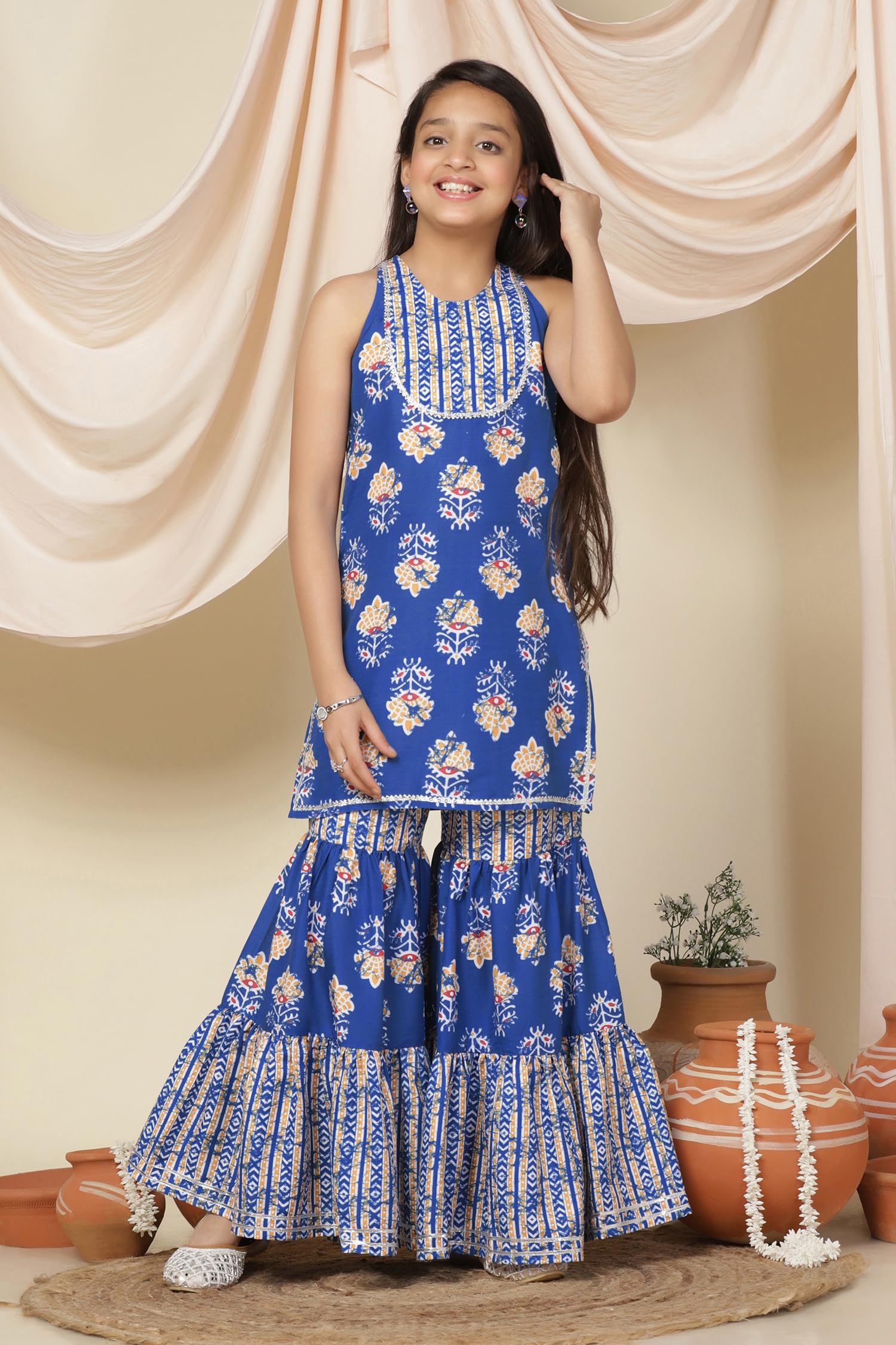 Fashion Dream Girls Cotton Blend Printed Salwar Suit |Suit Set|Girl Outfit|Sharara Set(FDGSET00113 BLU 28_Blue_7-8Yrs) - Image 7 thumbnail