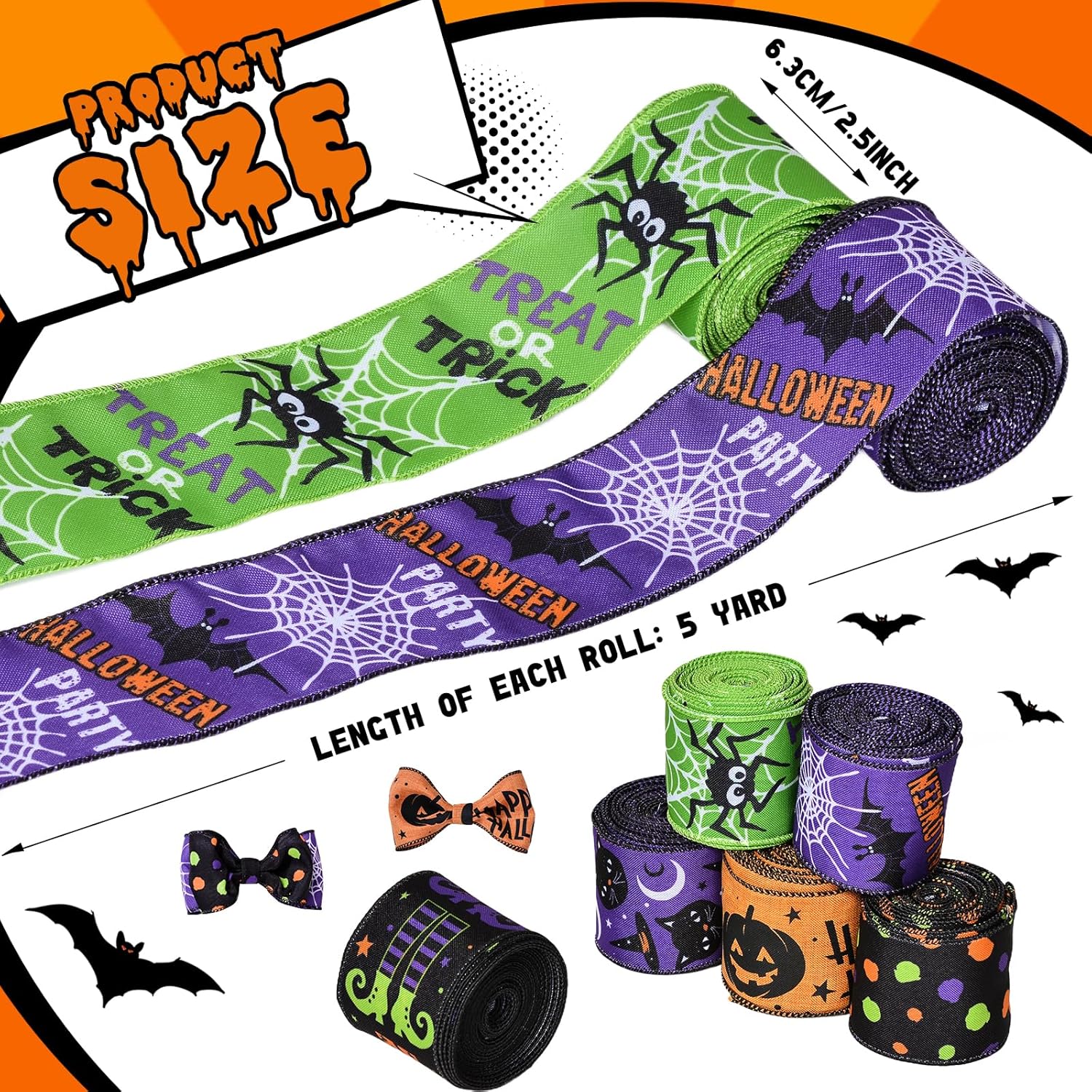 Ribest Halloween Ribbon Wired, 2.5 Inch 6 Roll 30 Yards, Web Bat Spider Witch Legs Hat Cat Pumpkin Polka Dot Printed Halloween Wired Edge Ribbons for Crafts Wreath Bows Making Party Decoration