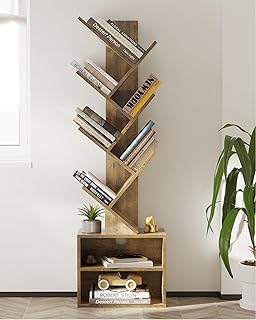 SUNMORY 6 Tier Tree Bookshelf, Small Bookcase with Storage Cabinet, Modern Tall Narrow Bookshelves Organizer, Floor Standing Book Shelf for Bedroom/Living Room/Home Office/Corner, Rustic Brown