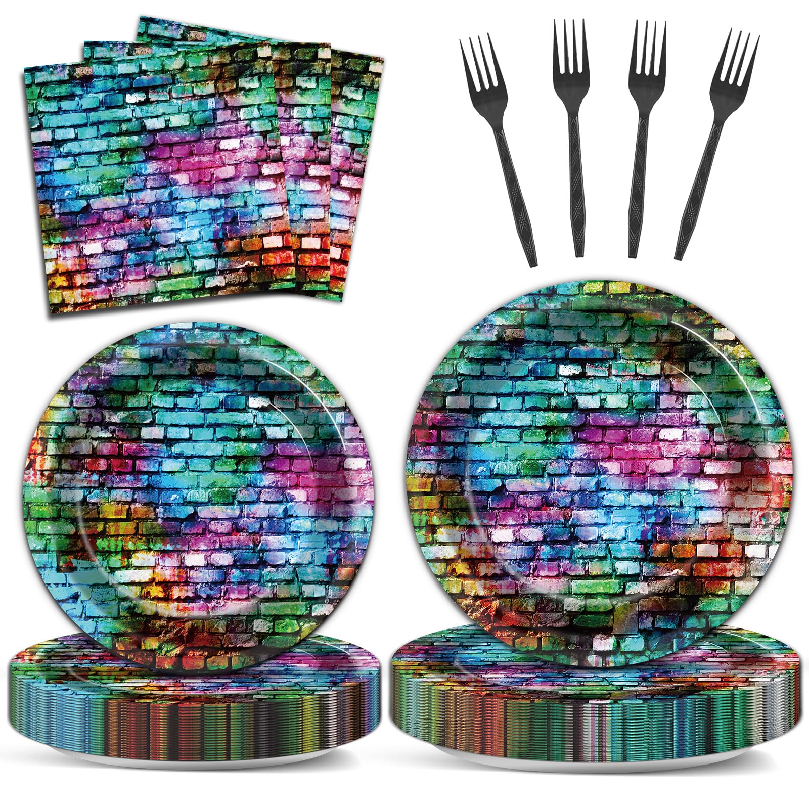 ZOIIWA 96PCS Colorful Brick Party Plates and Napkins 90s Hip Hop Disco Party Decorations Retro Brick Tableware Set Graffiti Brick Plates Napkins Forks for 80s Birthday Party Supplies 24 Guests
