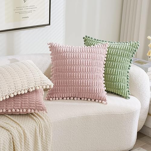 Miniatura 4 de EMEMA Juego de 2 fundas decorativas de pana verde salvia de 18 x 18 pulgadas con pompones de rayas bohemias suaves y modernas para decoración del