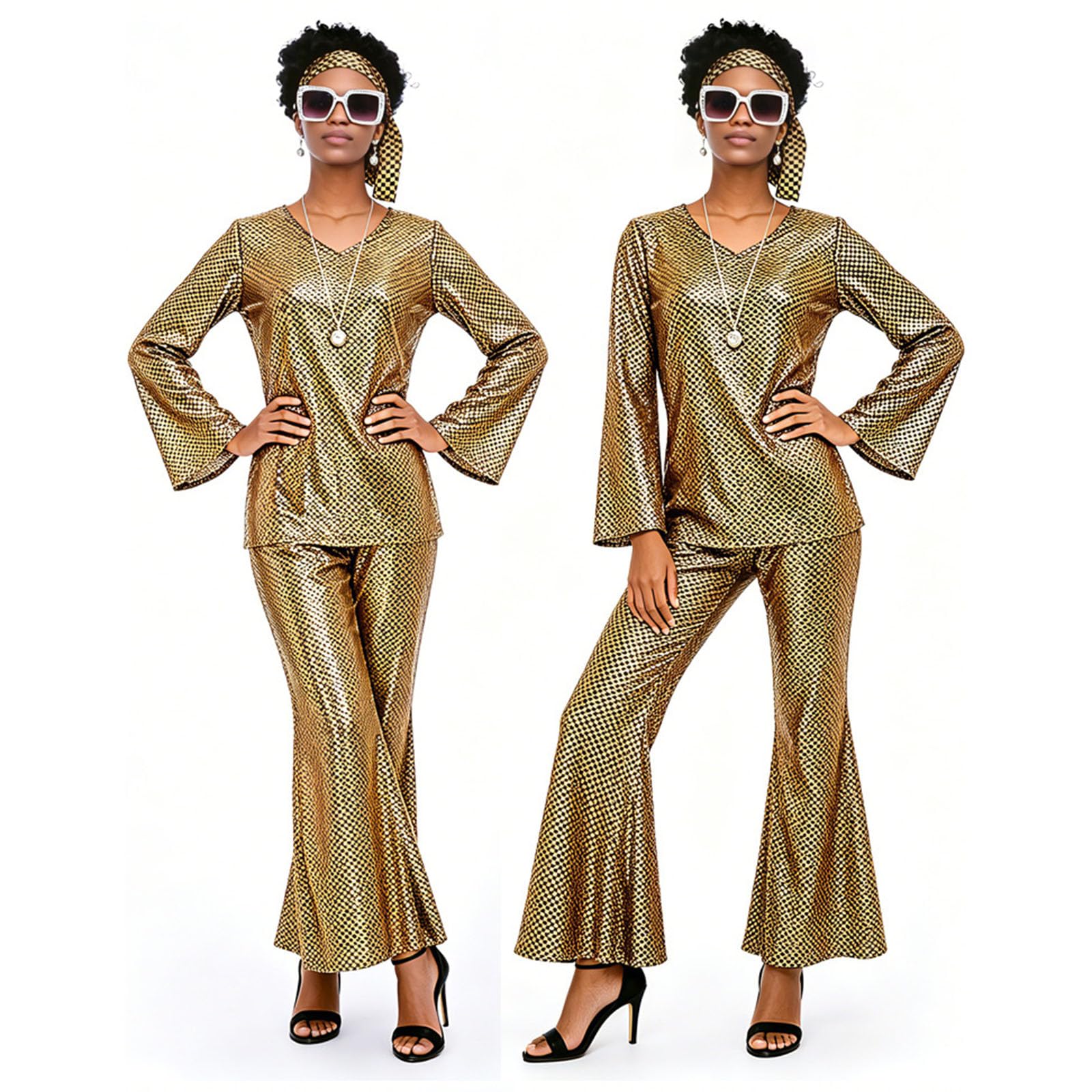 Disco Kostüm Damen 60er 70er Jahre Outfit Disco Outfit mit Perücke Halskette Armband Ohrringe Stirnband Pailletten Outfits für Halloween Faschingskostüme Themenparty