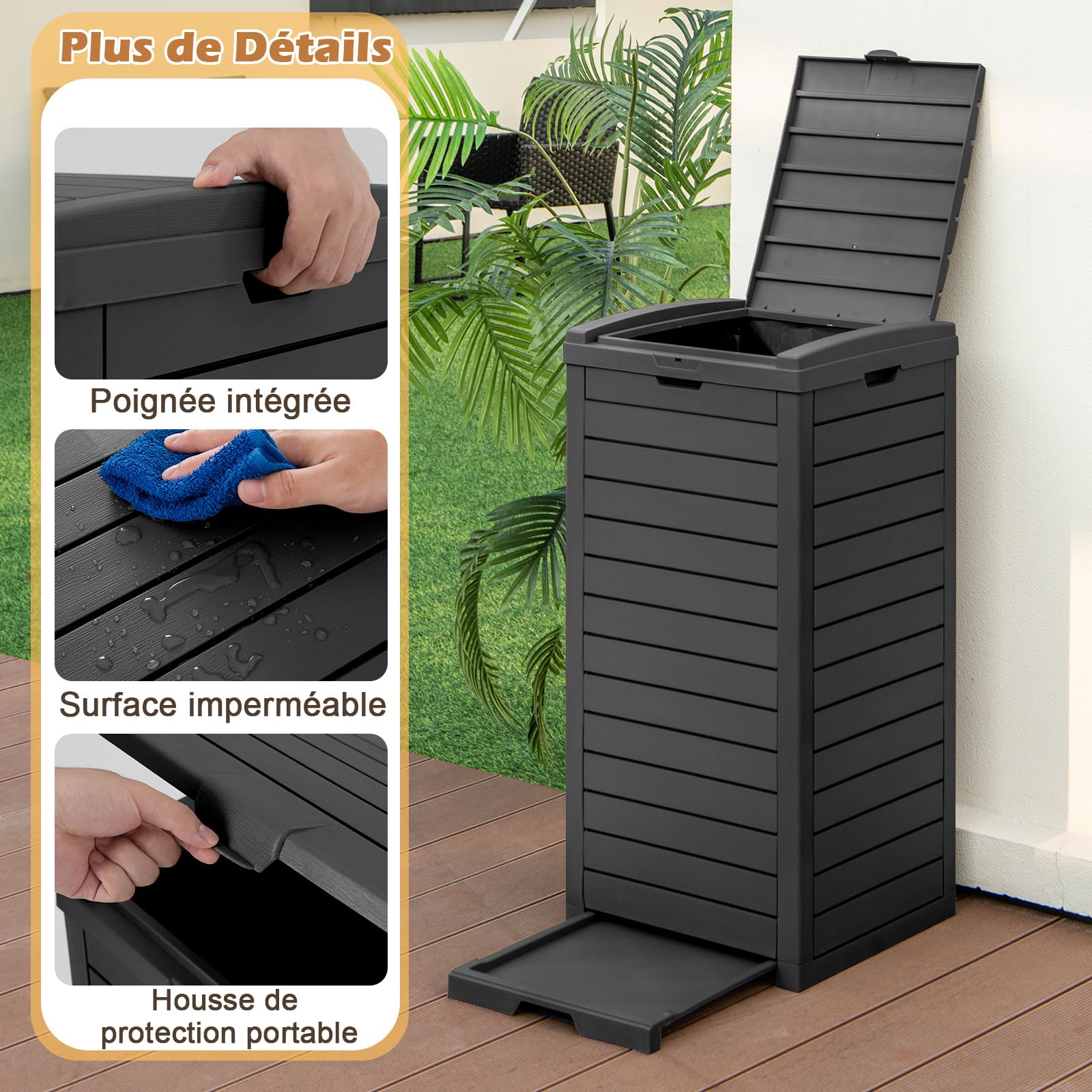 COSTWAY Poubelle Exterieur 118L en Résine, Poubelle de Jardin avec Couvercle et Plateau Extractible, Conteneur Poubelle Double Fermeture Étanche pour Porche, Arrière-Cour, Terrasse, Patio (Noir)