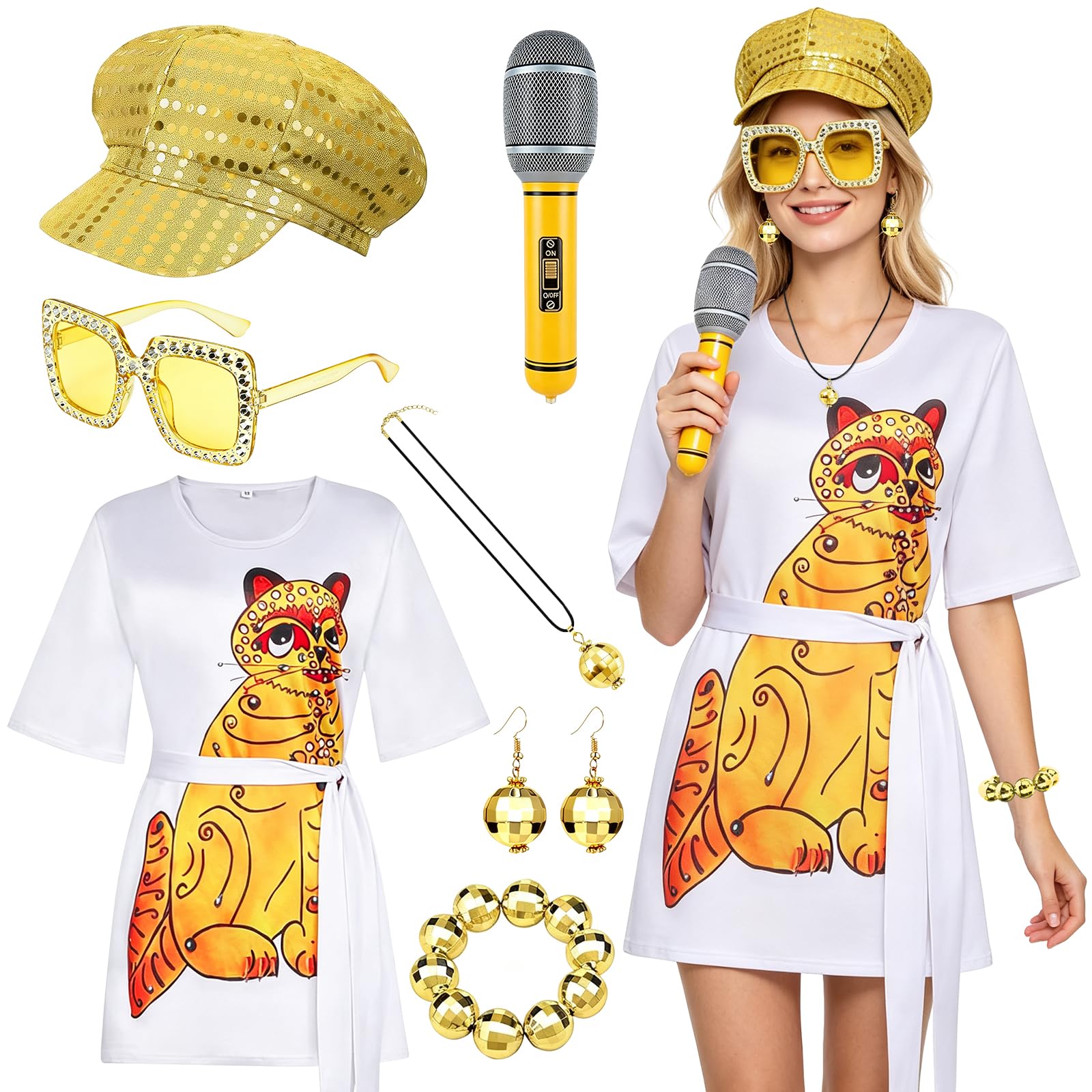TOYTOPIE 70s Fancy Dress for Women, 7PCS Disco Fancy Dress Costume Set with Vintage Dress, Beret Hat, Glitter Glasses, Microphone Prop, Earrings and Necklace for Themed Party, Carnival & Dance Outfit