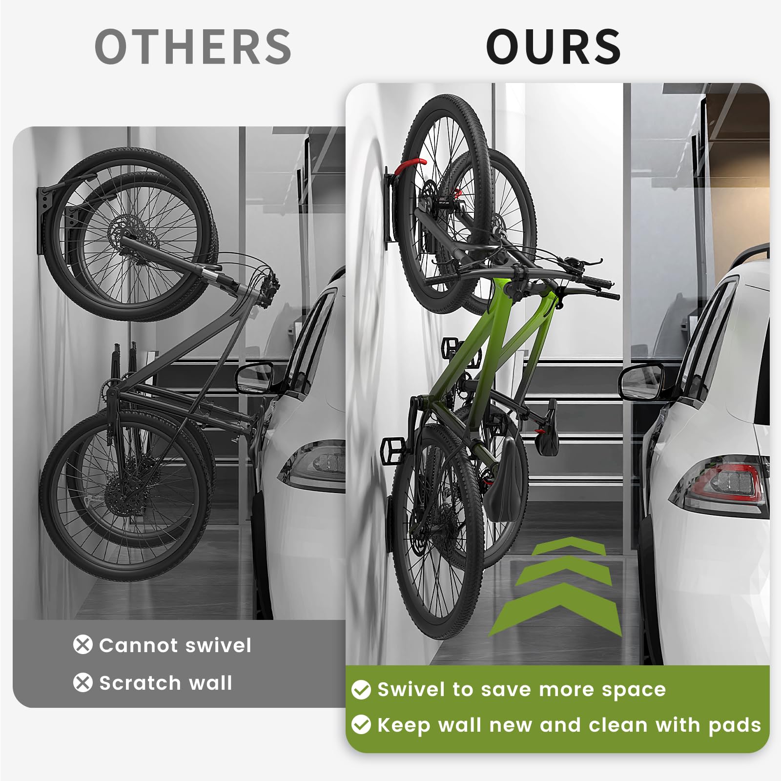 Housolution Drehbare Fahrrad-Wandhalterung, Vertikaler Fahrradaufhänger für die Garage, Mountainbike-Wandhalterungen, Fahrrad-Aufbewahrungsständer für die Garage, hält bis zu 66lbs (4 Stück)