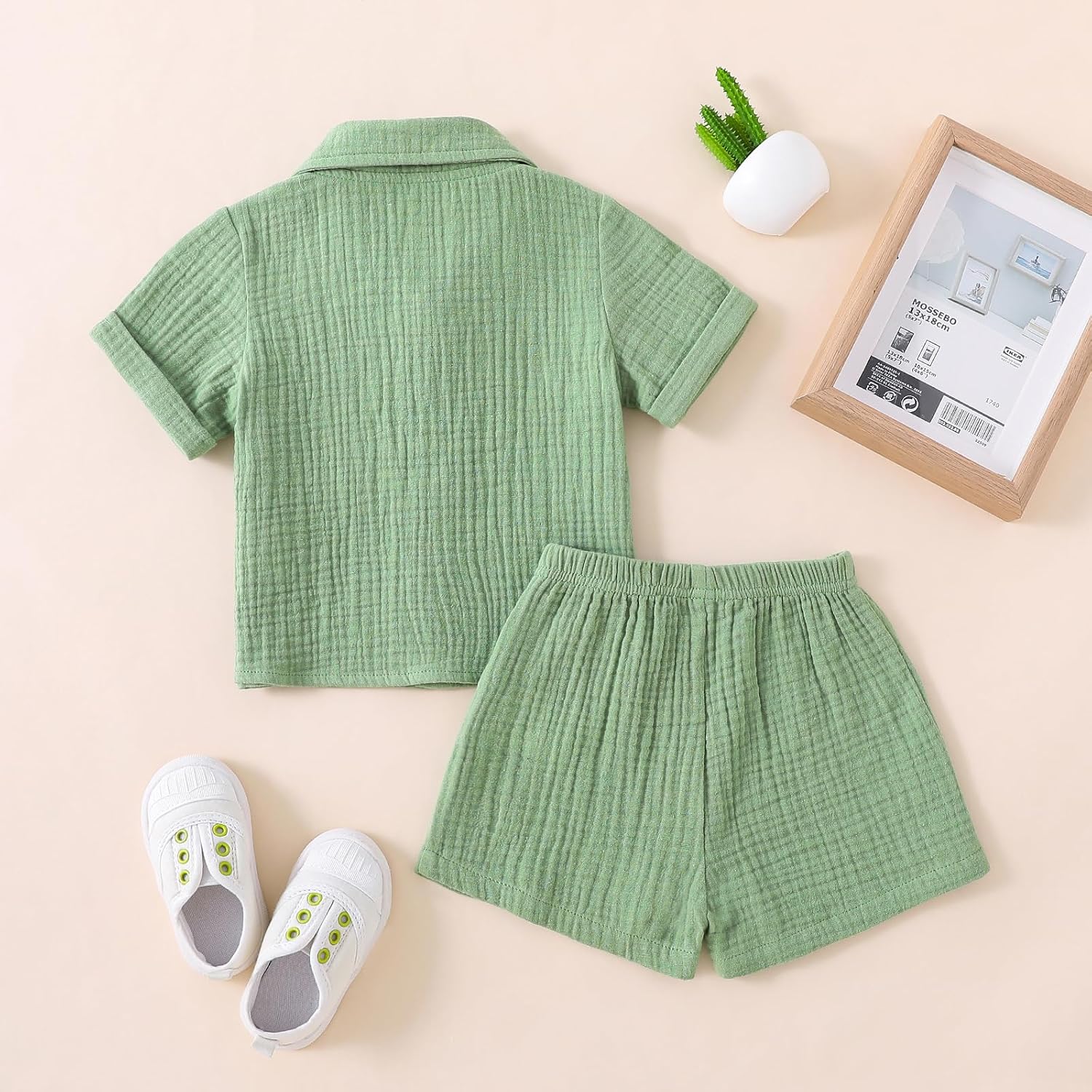 Honganda Kids Toddler Boy Summer Clothes Button Down Shirt and Shorts Solid Color Cotton Linen 2 Piece Outfit Set for Boys