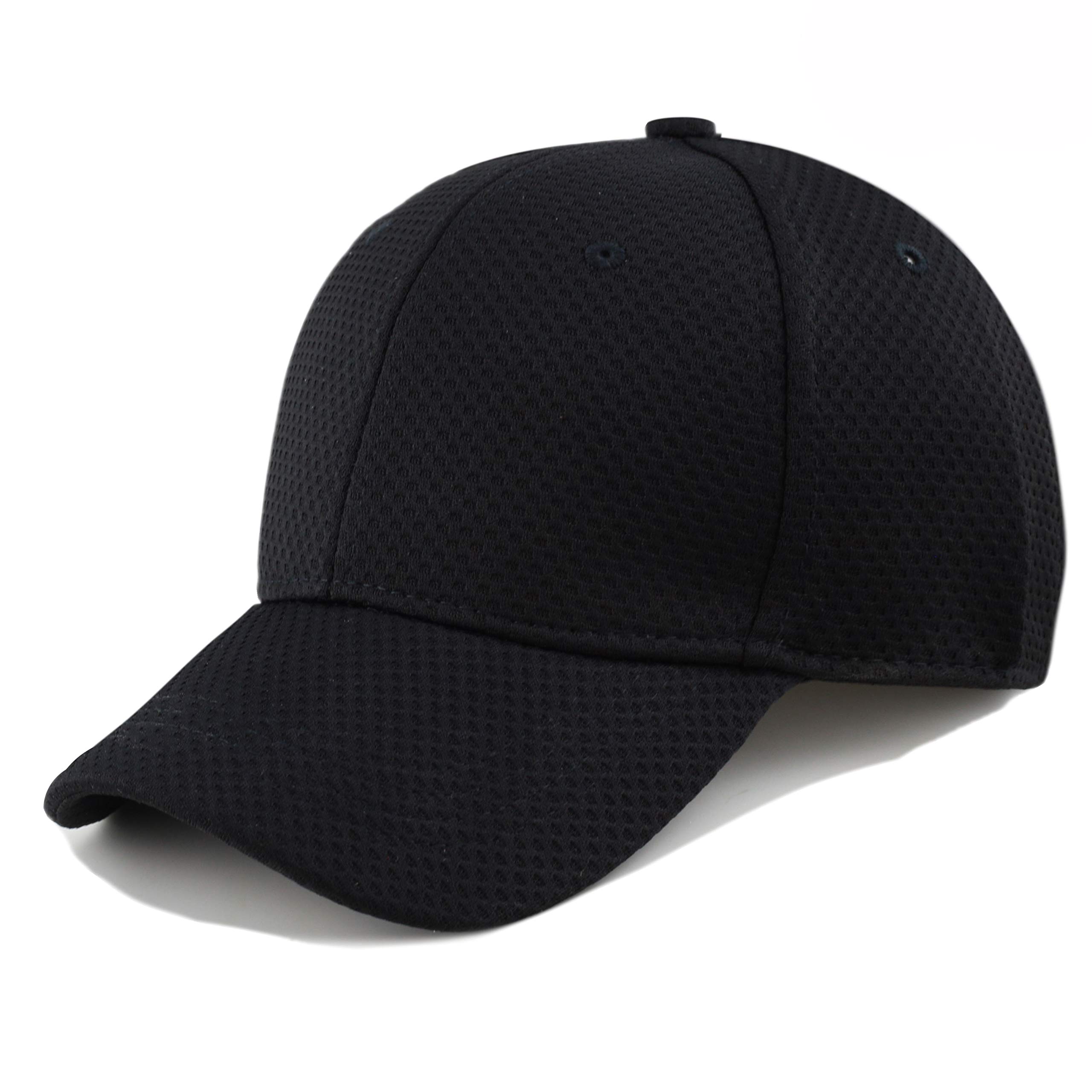 Men's Curved Brim Stretch Fit Mesh 6 Panel Fitted Cap (L/XL, Black)