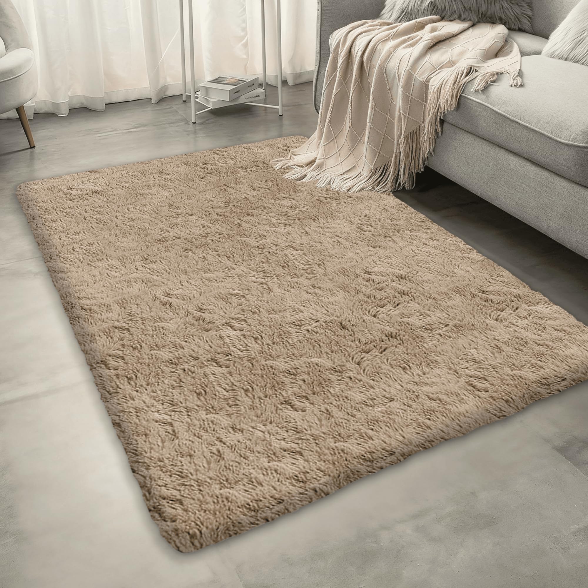 Grand Tapis de Salon 150 x 220 cm Moelleux Tapis Chambre Doux Moelleux et Lavable pour Lit Chambre Adulte Gris Ado Fille Ado, Chameau