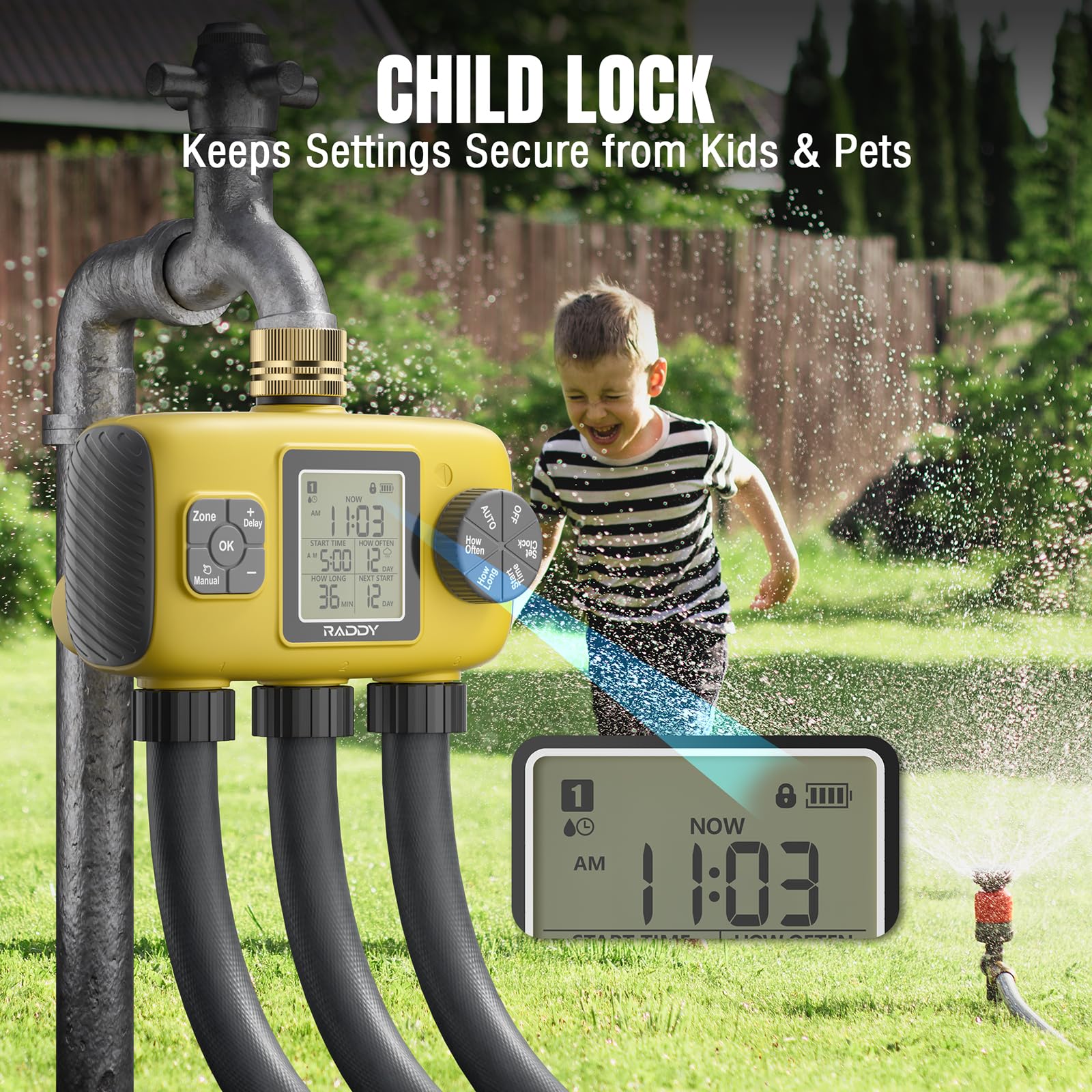 Raddy WS-8 Sprinkler Timer 3 Zone, Smart Water Time automatyczny zegar nawadniania z ręcznym podlewaniem, opóźnienie deszczu, duży wyświetlacz LCD, wodoodporność IPX5 do ogrodów, żółty
