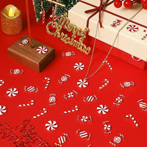 Miniatura 4 de Kajaia 60 dijes de Navidad con colgante de bastón de caramelo para hacer joyas, dijes de esmalte de Navidad de aleación, dijes de vacaciones para