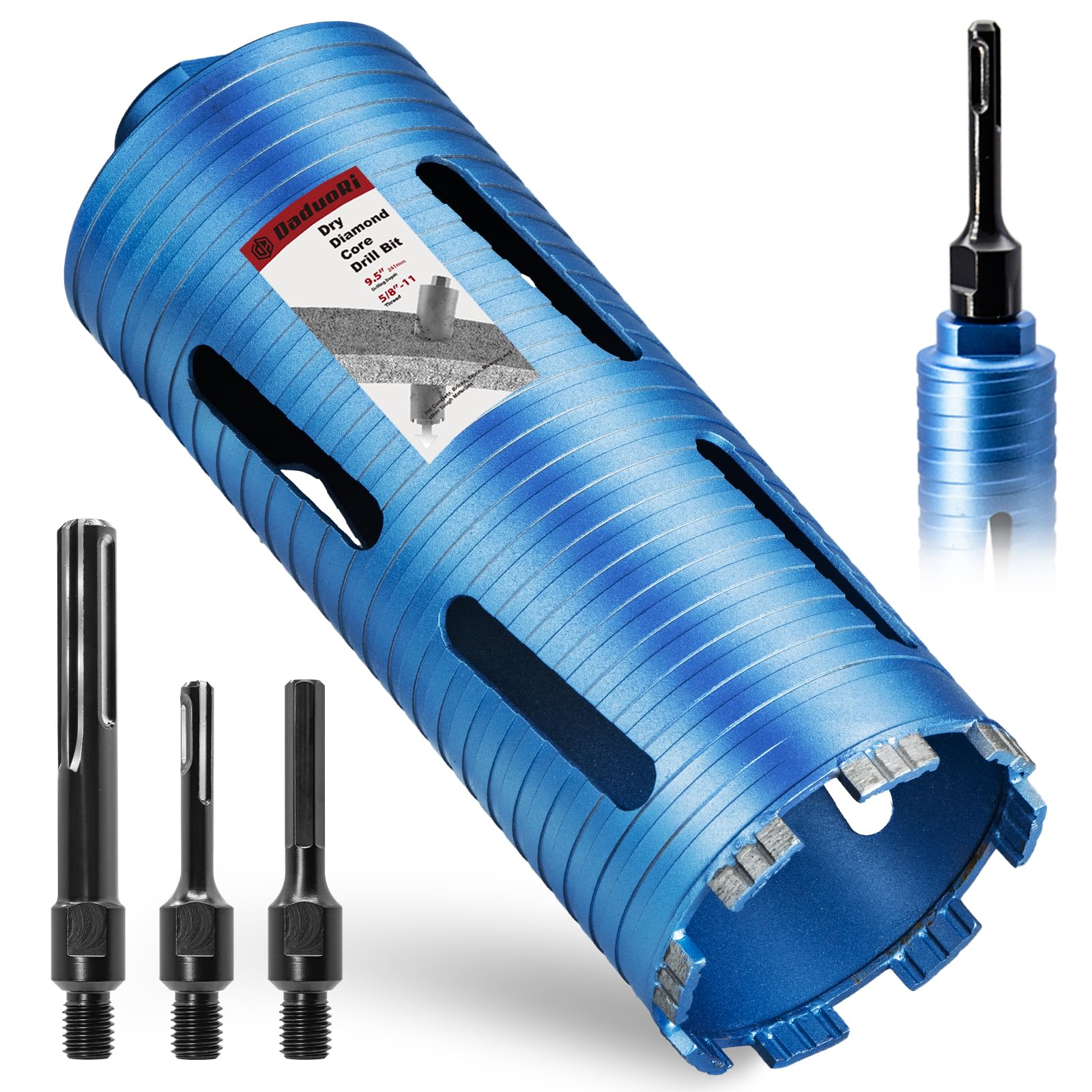 DaduoRi 4" Dry Core Drill Bit, 5/8"-11 Thread, with 3 Adapters Included: SDS Plus, SDS Max and 1/2" Hex Shank - 9.5" Drilling Depth Core Bits for