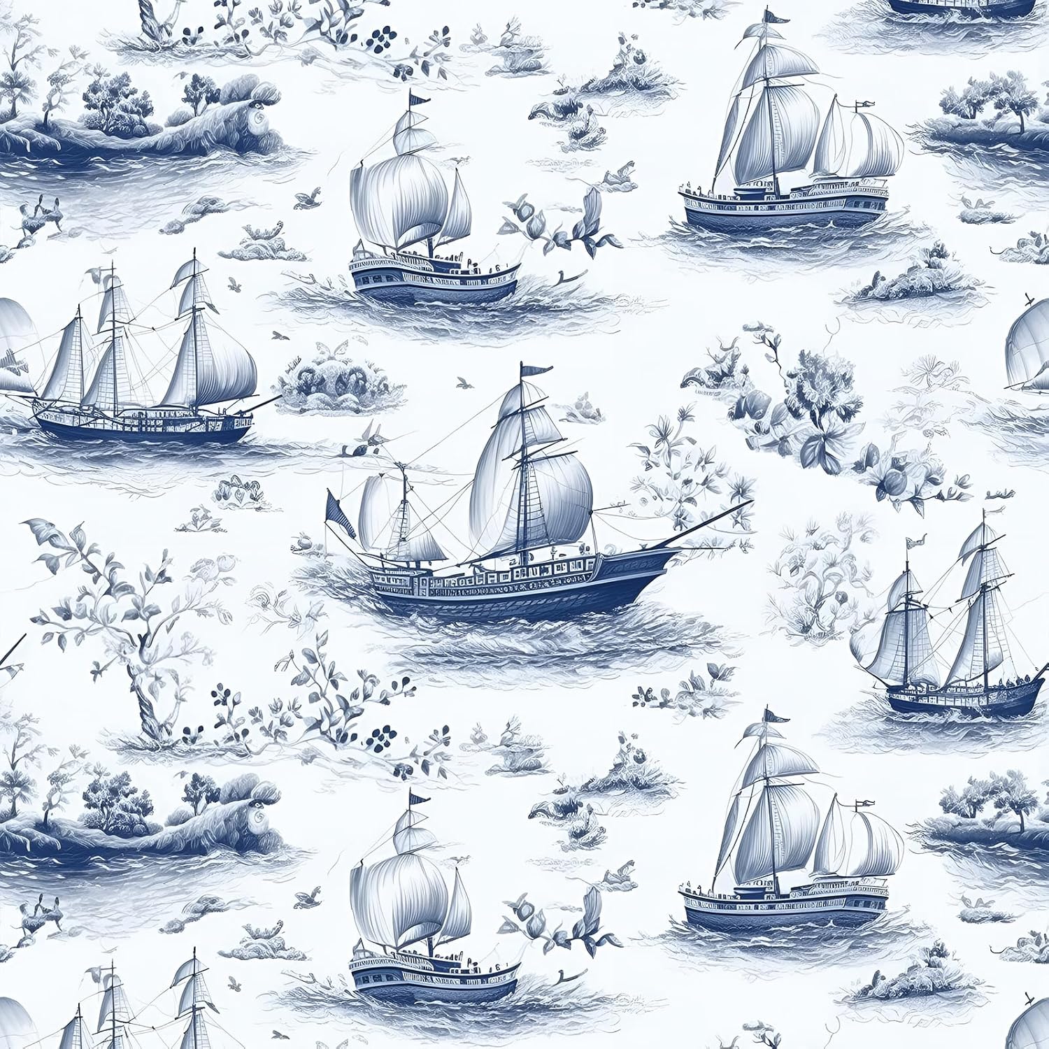 LaCheery Nautical Wallpaper Blue Nautical Peel and Stick Wallpaper for Bathroom Mural Neutral Toile Wall Paper Self Adhesive Blue and White Contact Paper for Walls Cabinets Boys Room Vintage 17.5"x80"