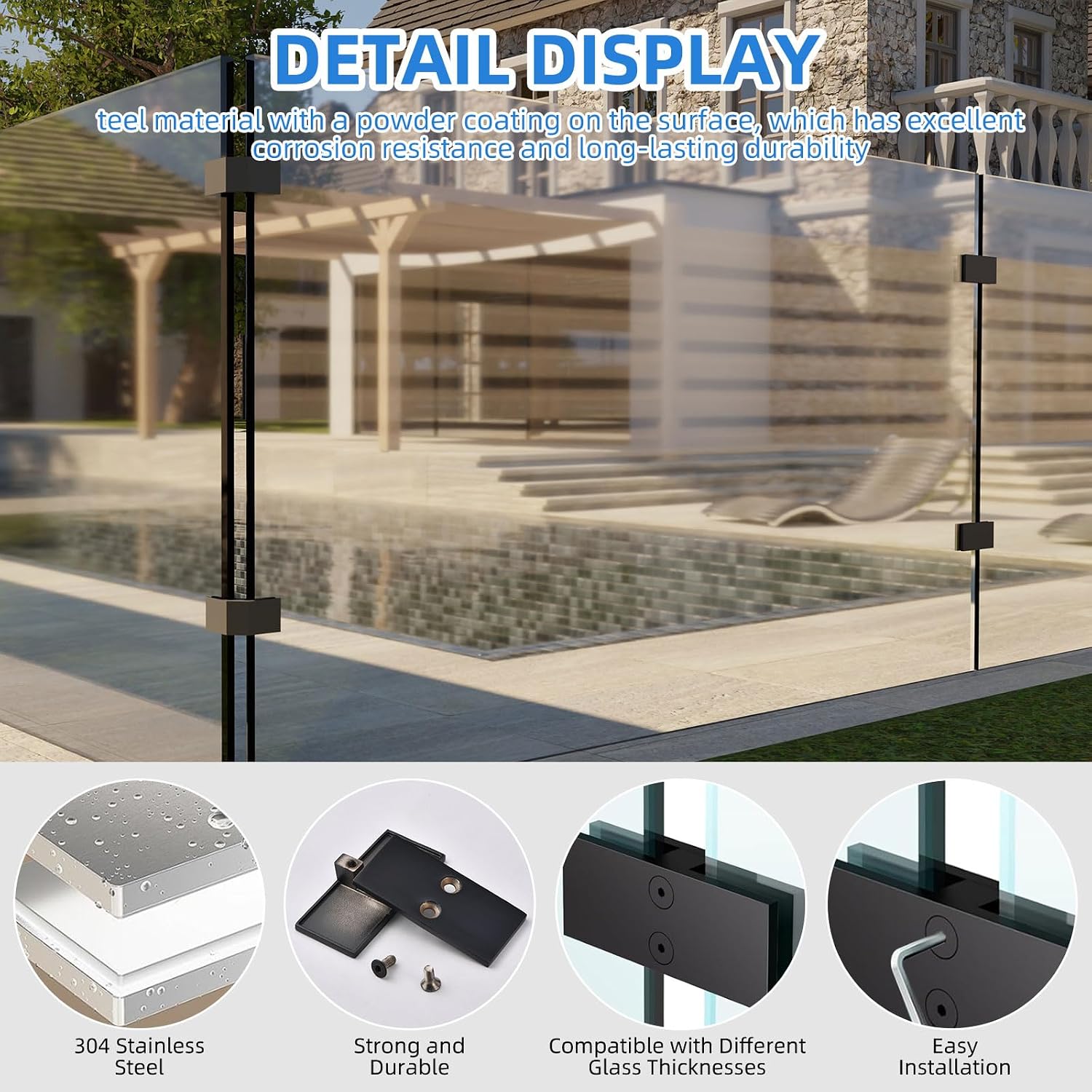 Railing Glass Clamps 4 Pack, Glass Balustrade Clamp for 5/16"- 3/8"-1/2"Thinkness, 304 Stainless Steel Double Sided Railing Clip Holder for Pool Outdoor Fence Balcony Stair(Black, 180 Degree-4pcs)