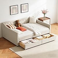 FAVSH Full Size Upholstered Daybed with Storage Drawers, Linen Tufted Sofa Bed, Waved Arms, Beige - Space-Saving for Bedroom & Guest Room