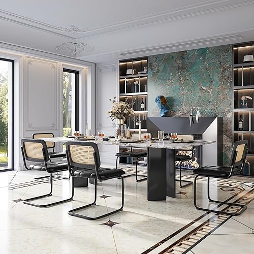 Miniatura 6 de Farini Kitchen Dining Chairs Set of 2,Mid-Century Modern Chair Armless Mesh Backrest Cane Rattan Chairs for Home Dining Room(Black-PU Leather) Negro