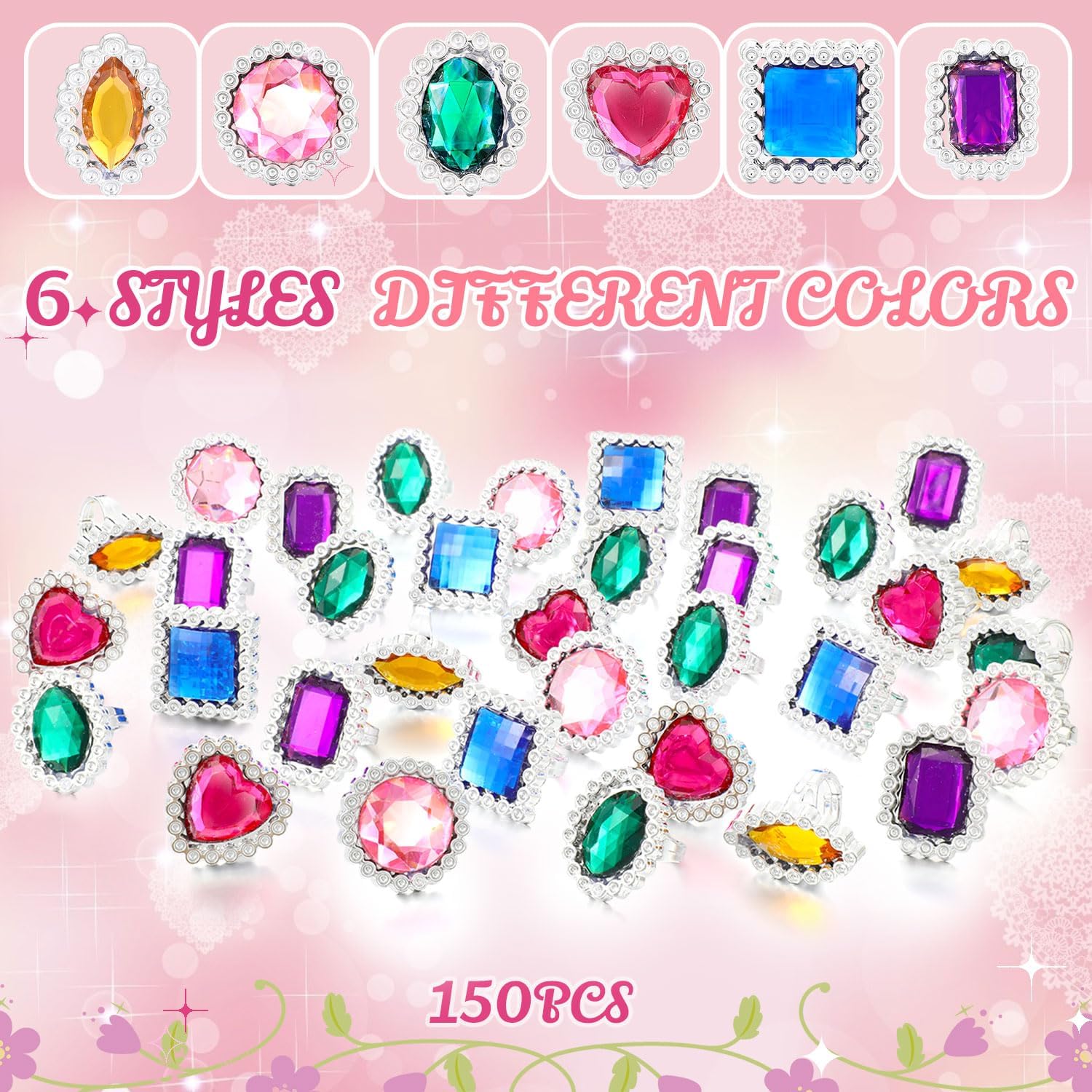 Shappy 72 Pcs Colorful Plastic Rings for Kids Adjustable Costume Jewelry Rings for Princess Carnival Dress up Bridal Shower Party Accessories (Heart,Round,Oval,Square,Rectangular) - Image 3