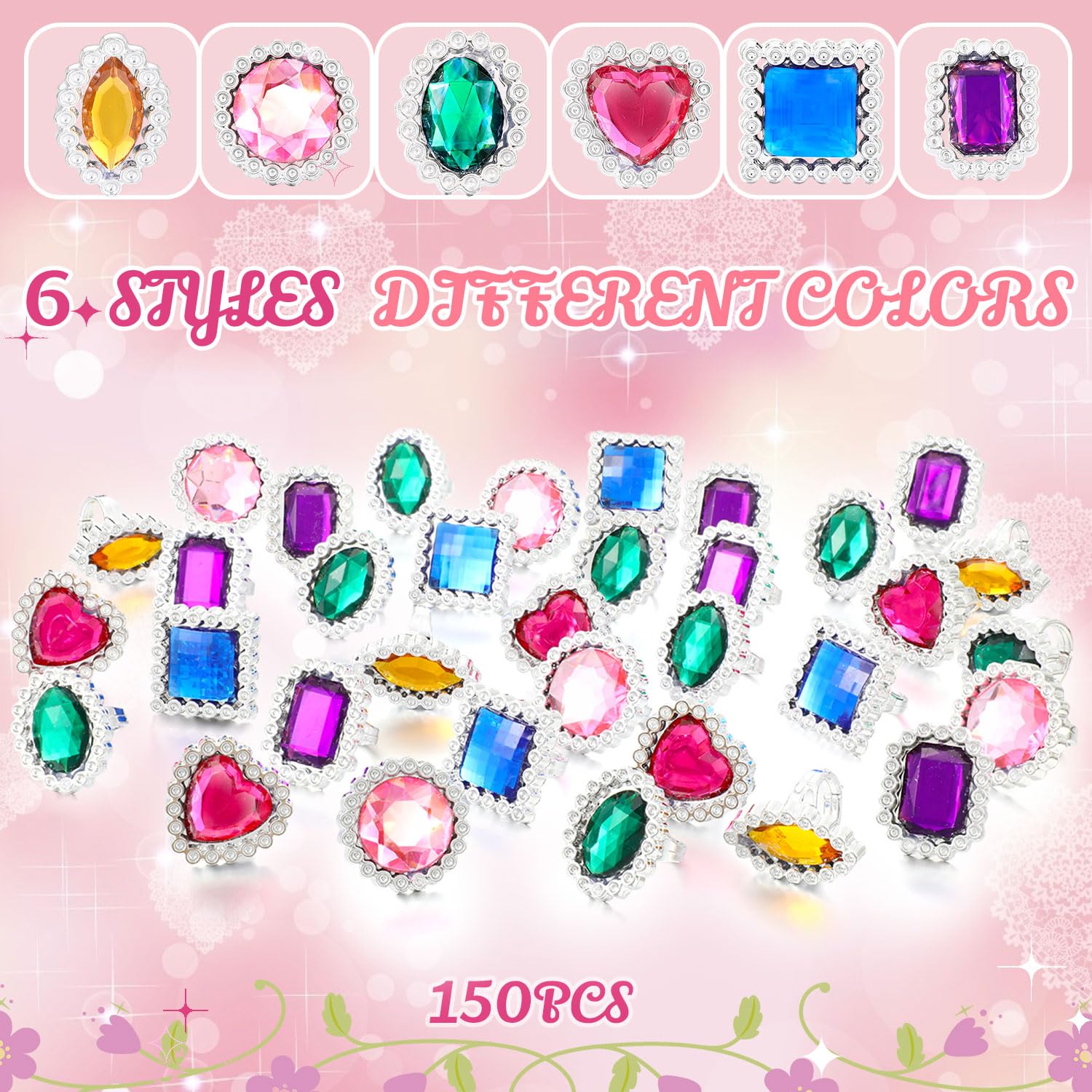 72 anillos de plástico coloridos ajustables falsos de princesa joyería anillos para despedida de soltera, accesorios de fiesta 3