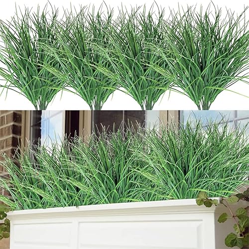 SzJias Fake Grass Plant Artificial Wheat Grass Plants Bushes Plastic Plants for Outdoors Uv Greenery Filler (8 Pcs)