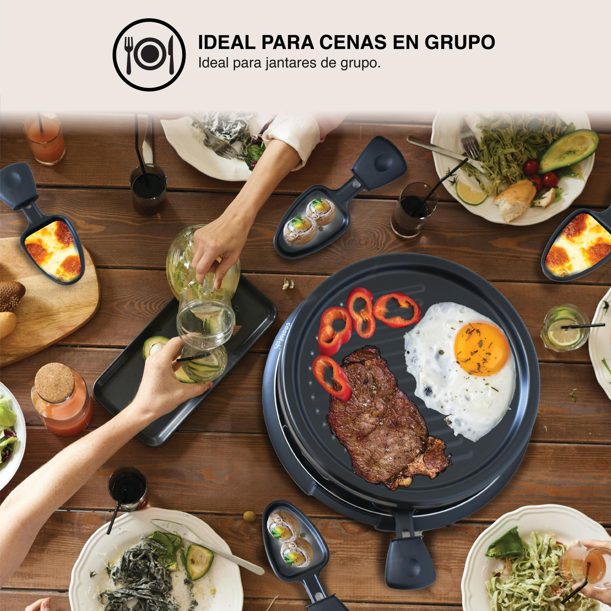 Raclette 8 Personas - Plancha Redonda Grill Antiadherente y 8 Sartenes, Parrilla eléctrica para asar Carne, Verduras y fundir Queso