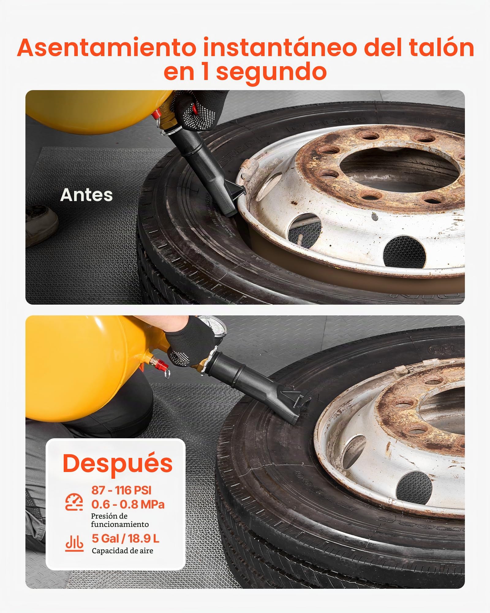 VEVOR Destalonador de Neumáticos de 18,9 L, Presión de Trabajo de 0,6-0,8 MPa, Bomba de Aire para Camionetas, Todoterrenos, Jeeps, Furgonetas y Tractores Cortacésped, Amarillo, 400 x 535 x 295 mm