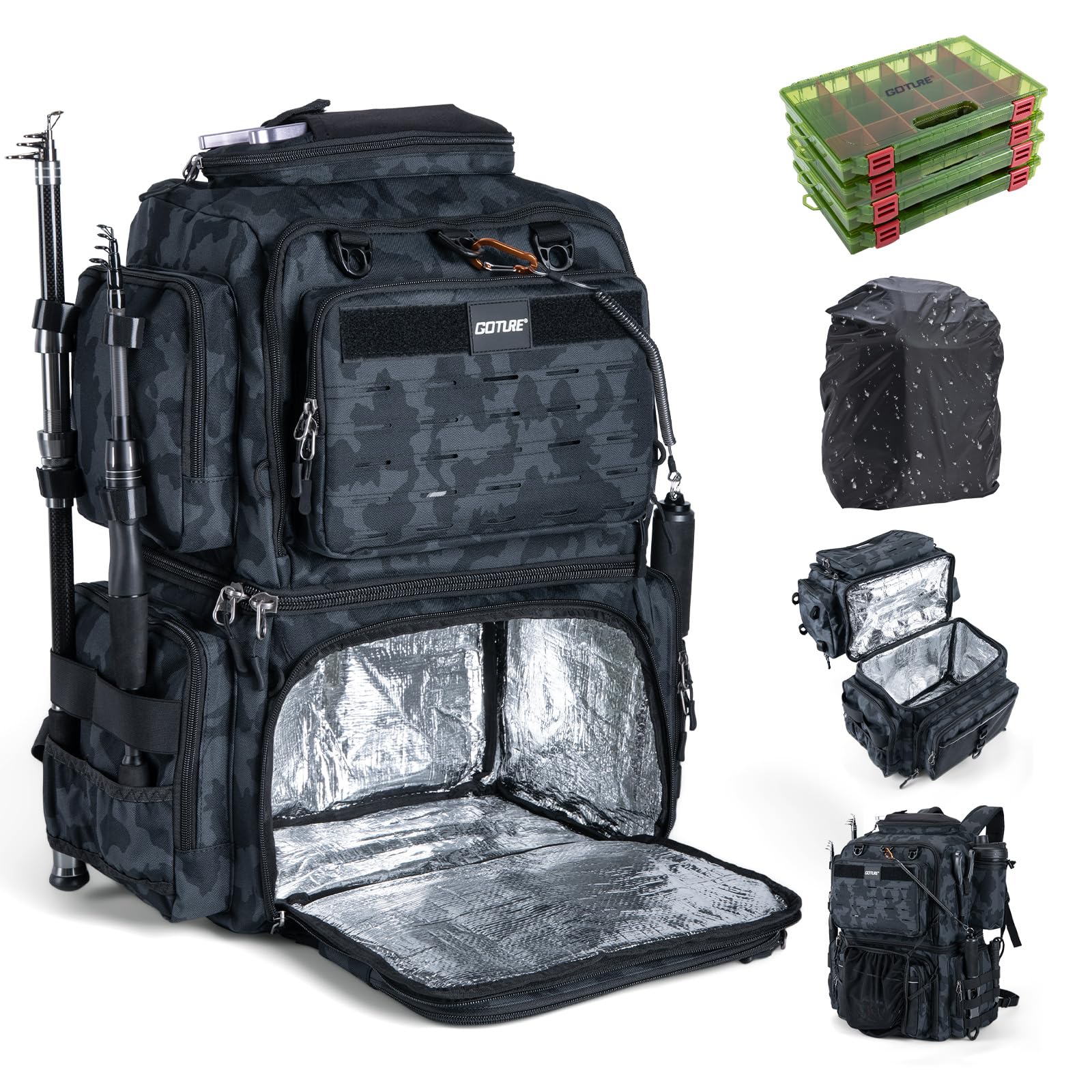 Goture Angelrucksack mit 4 Angelboxen, 78L 600D wasserabweisender Angelrucksack mit Kühler, Rutenhalter, 8 Ködertaschen, Regenschutz, große Angeltasche, Aufbewahrung, Ausrüstungstasche für Camping