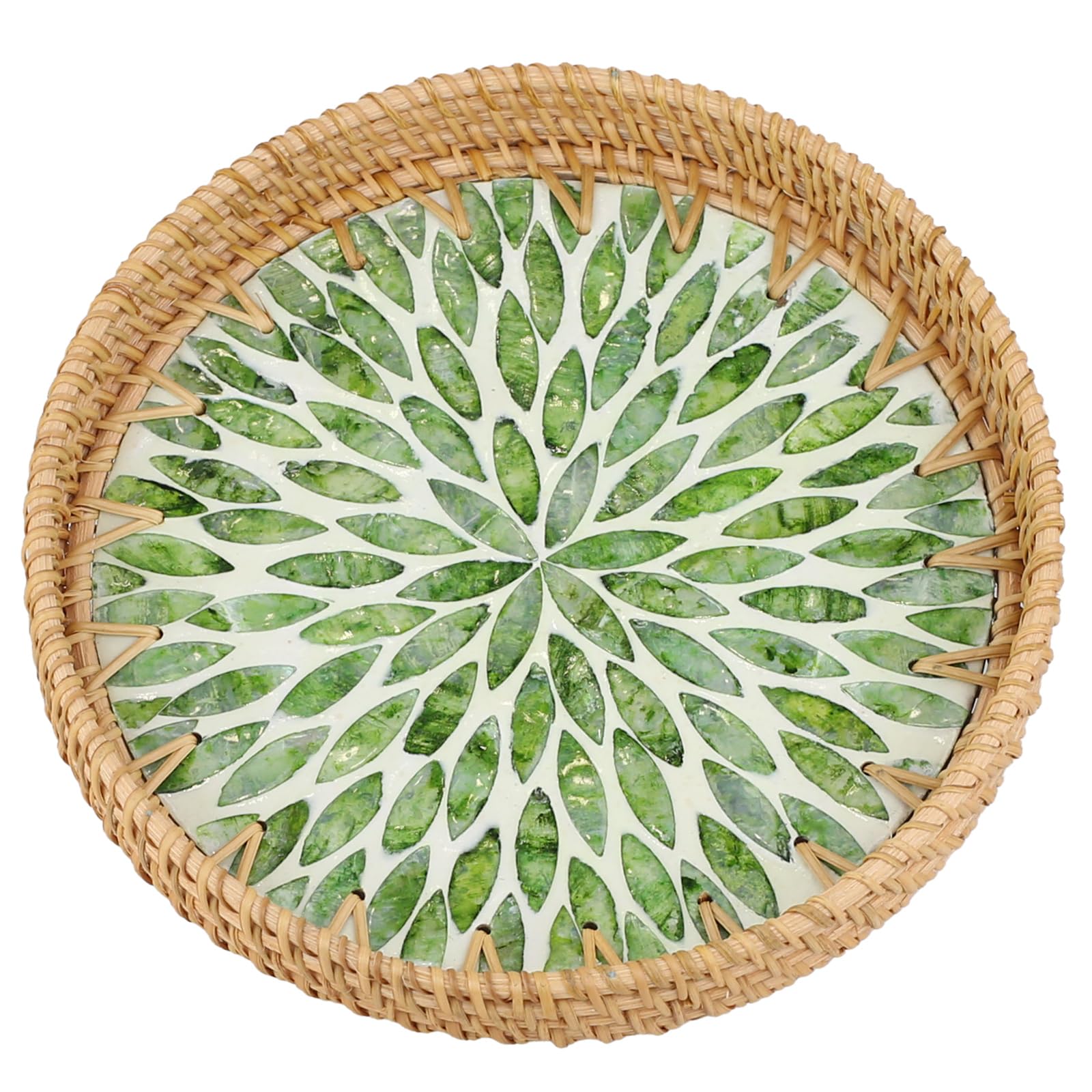 DLBTWDOYLS Natural Woven Rattan Round Storage Tray, Inlaid with Mother-of-Pearl, Handcrafted Tray Suitable for Snacks, Bread, Breakfast, etc., eco-Friendly Home and Tabletop Decoration