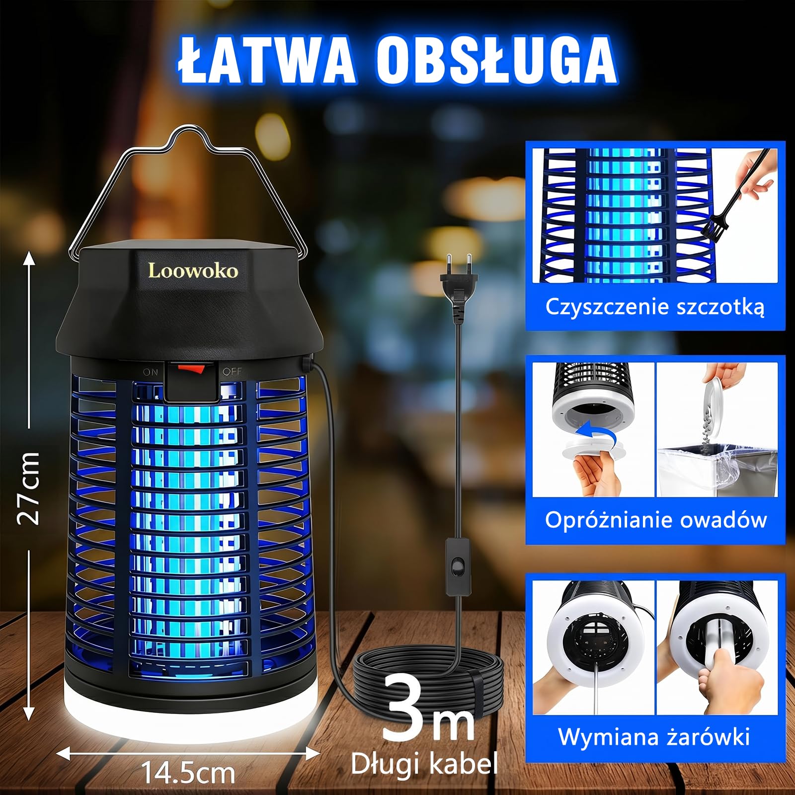 Loowoko Elektryczna pułapka na owady, z przedłużonym kablem o długości 3 m, 4200 V, lampa na komary ze światłem LED, wodoszczelna, elektryczna pułapka na komary, lampa przeciw komarom, do użytku
