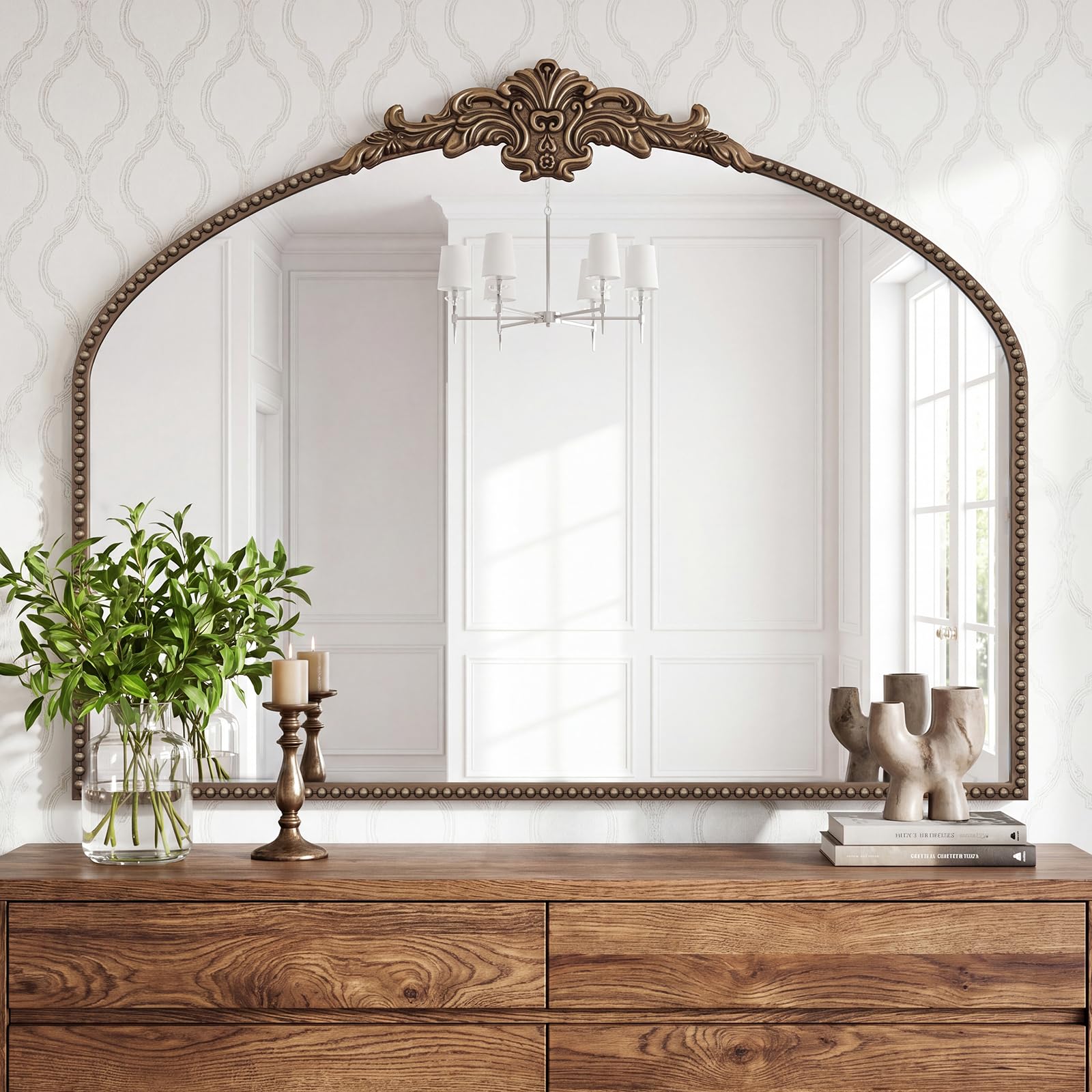 Retro Bronze Large Arched Antique Wall Mirror Decor - 36"x28" Vintage French Baroque Mirror with Beaded Metal Frame Traditional Ornate Home Decor for Entryway, Fireplace, Bedroom, Hallway, Bathroom