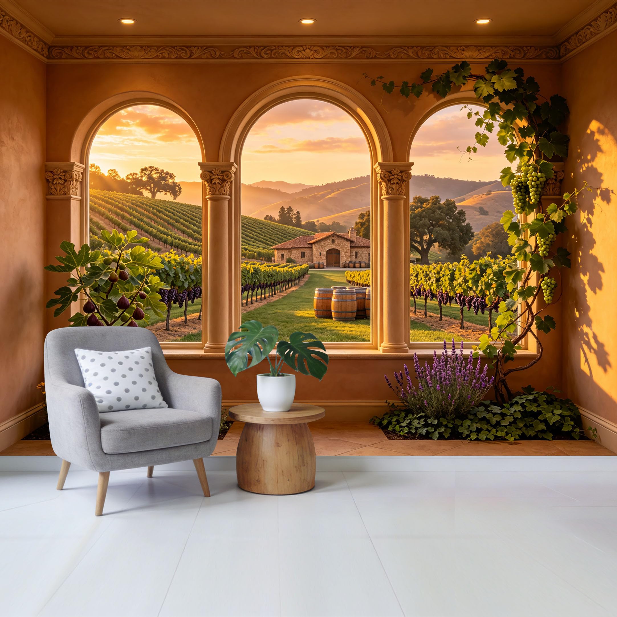 Removable Self Adhesive Fabric Mural， Tuscan Vineyard Sunset Landscape Custom Size Wall Covering， UV Protected Waterproof Washable Wall Decor for Living Room Bedroom Bathroom