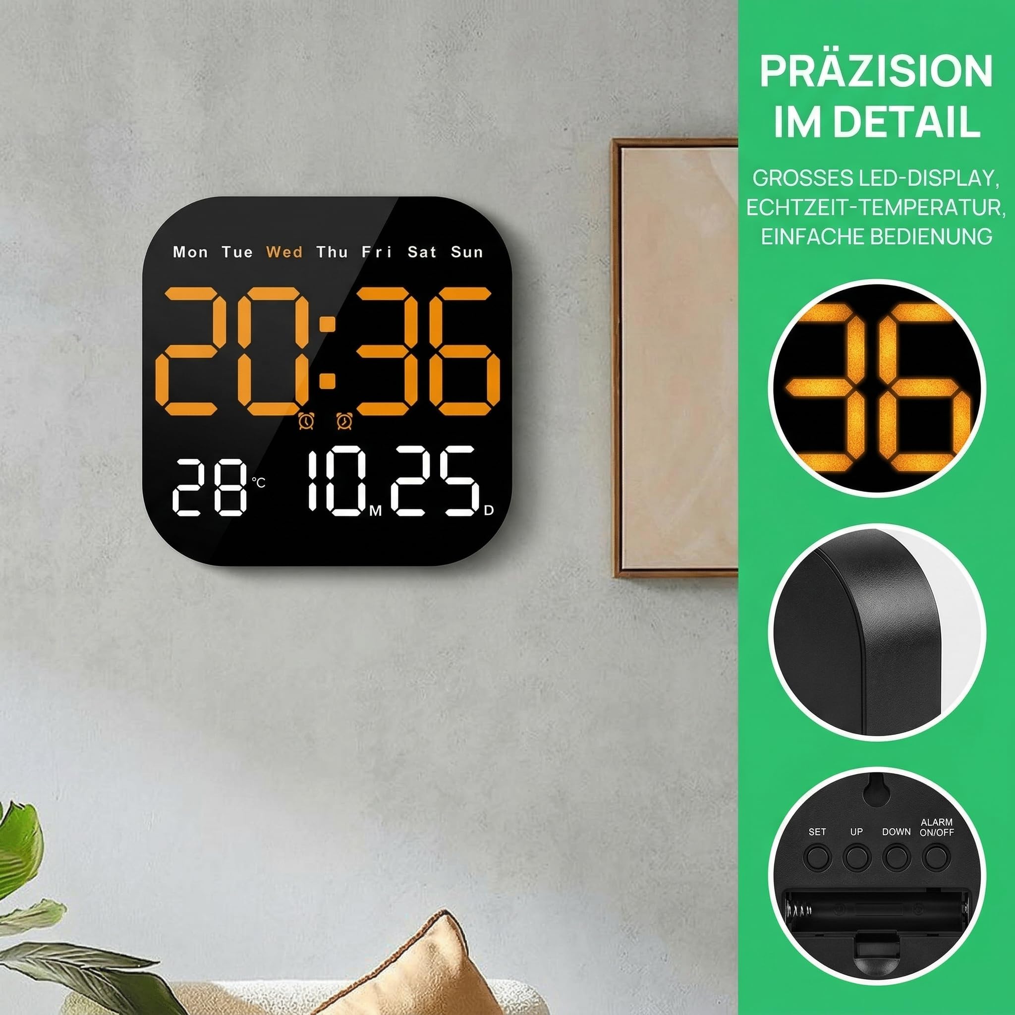 Multifunktionaler Digitaluhr mit LED-Display, Temperatur-, Datum- und Wochentag-Anzeige, Wandmontage, Tischständer, Fernbedienung, Helligkeit Regulierbar, für Zuhause und Büro (Rosa)