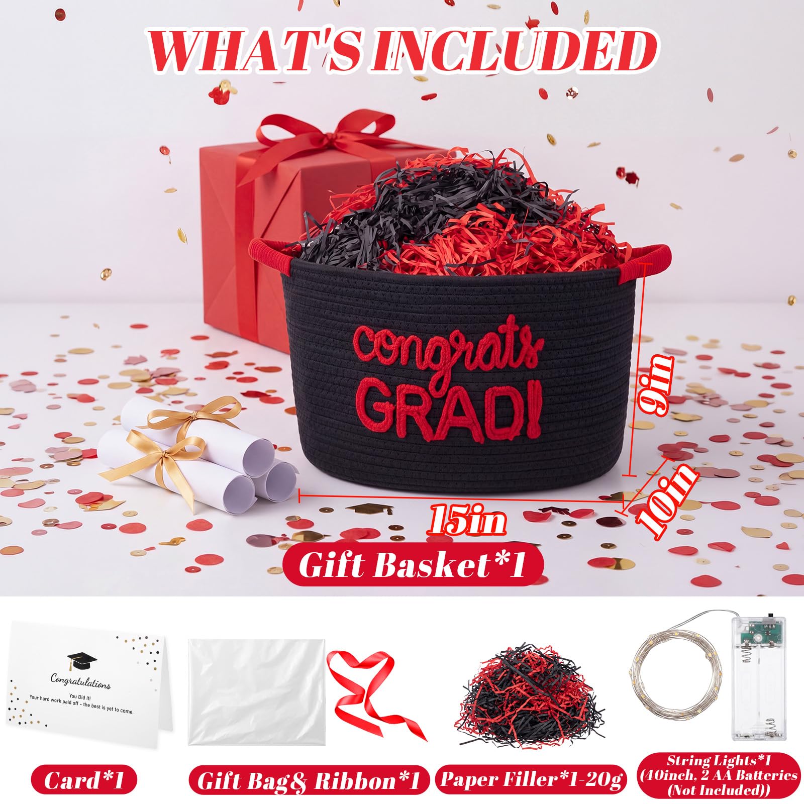 Colingmill 2026 Graduation Large Gift Basket Empty to Fill, 15"x10"x9" Congrats Grad Decorative Rope Storage Basket with Card, LED String Lights & Paper Filler, DIY Graduation Gift(Black Red)