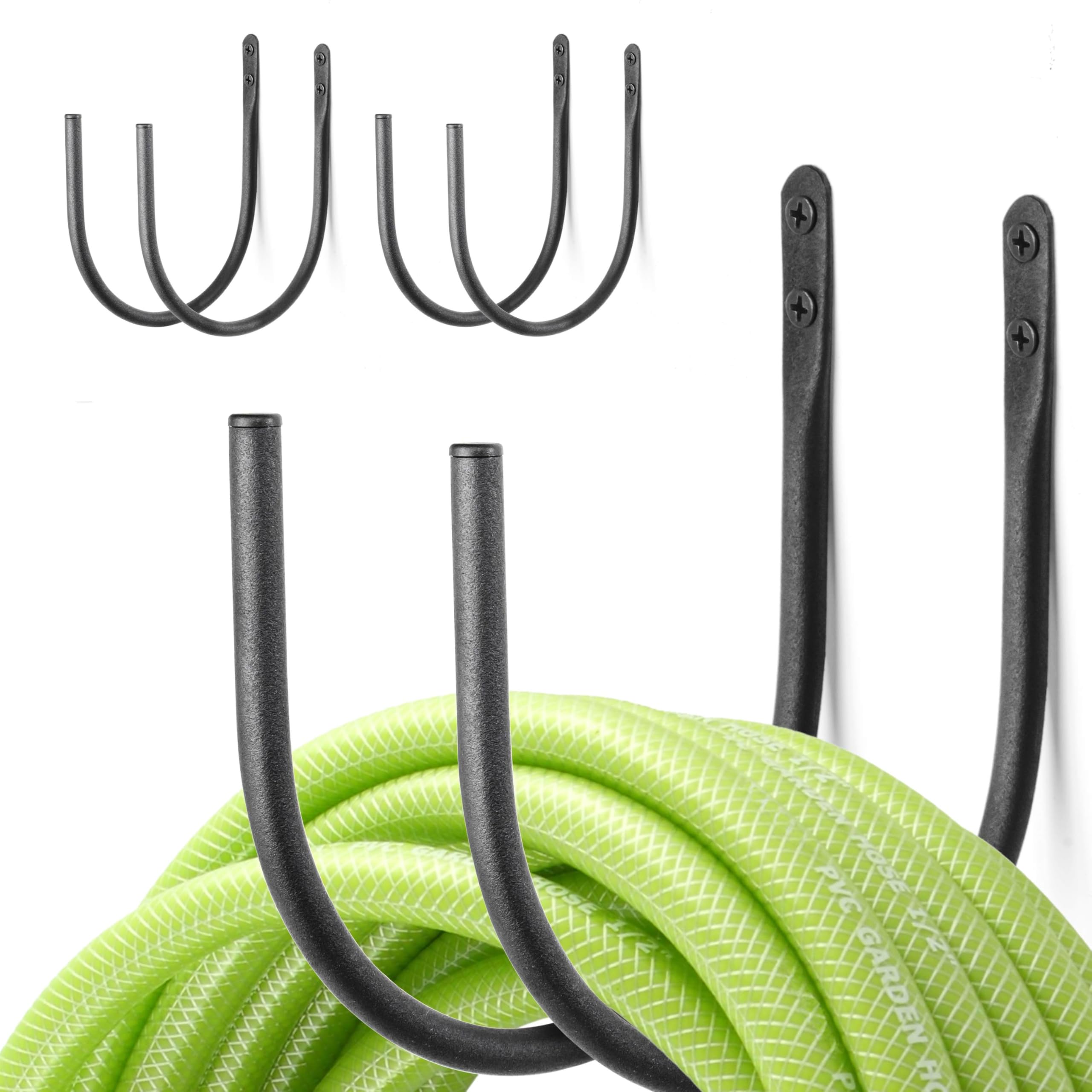 AJART Hose Holder Wall-Mount Outside: Heavy Duty Metal Outdoor Storage with Rustproof - Water Hose Hanger for Garden/Yard/Fence/Patio/House - 4 Pcs