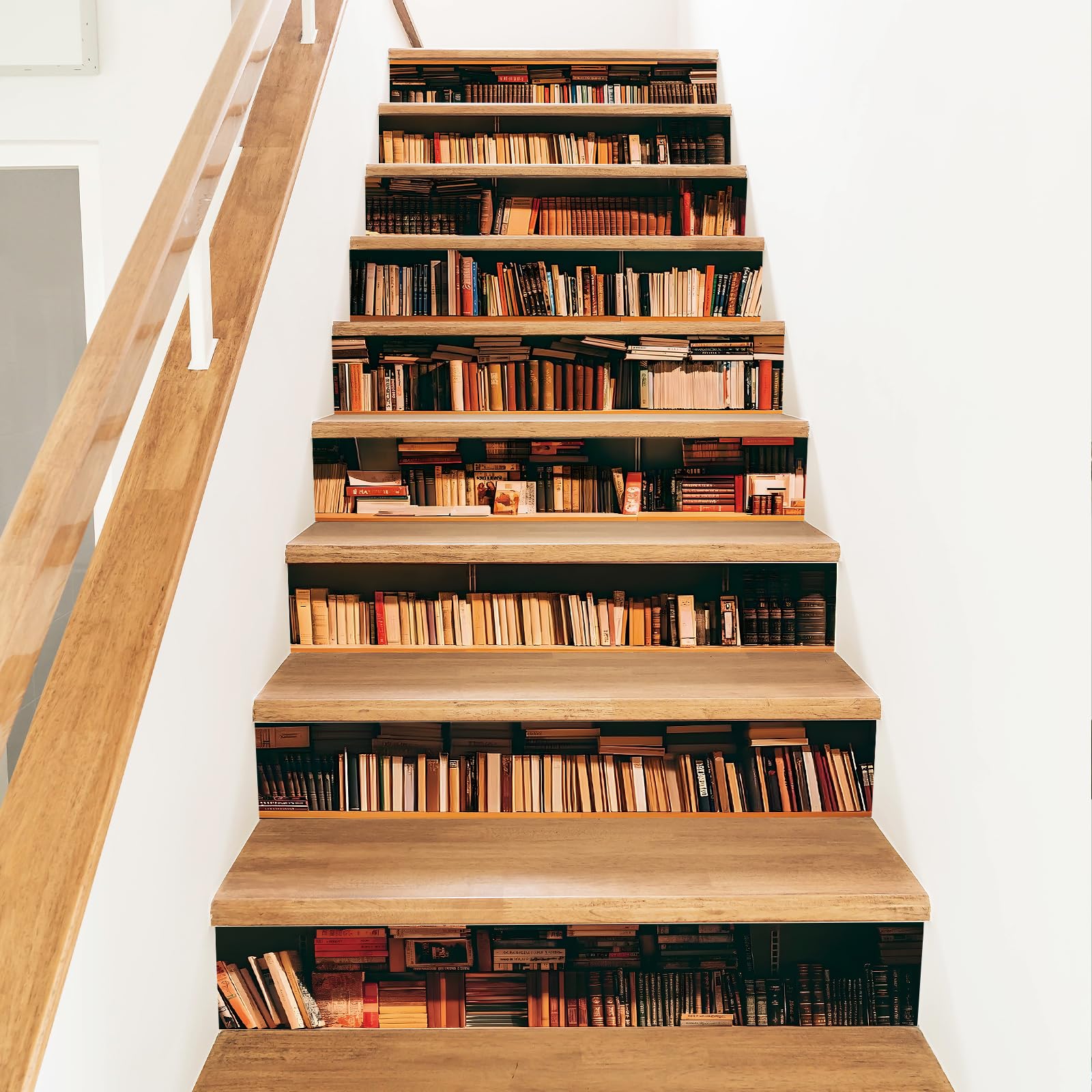 PLIGREAT 15 Strips Retro Bookshelf Stair Riser Decals, Peel and Stick Stair Stickers for Steps 7.1"x39"/18x100cm Self-Adhesive Vinyl 3D Bookshelf Staircase Murals Decor for Home Hotel