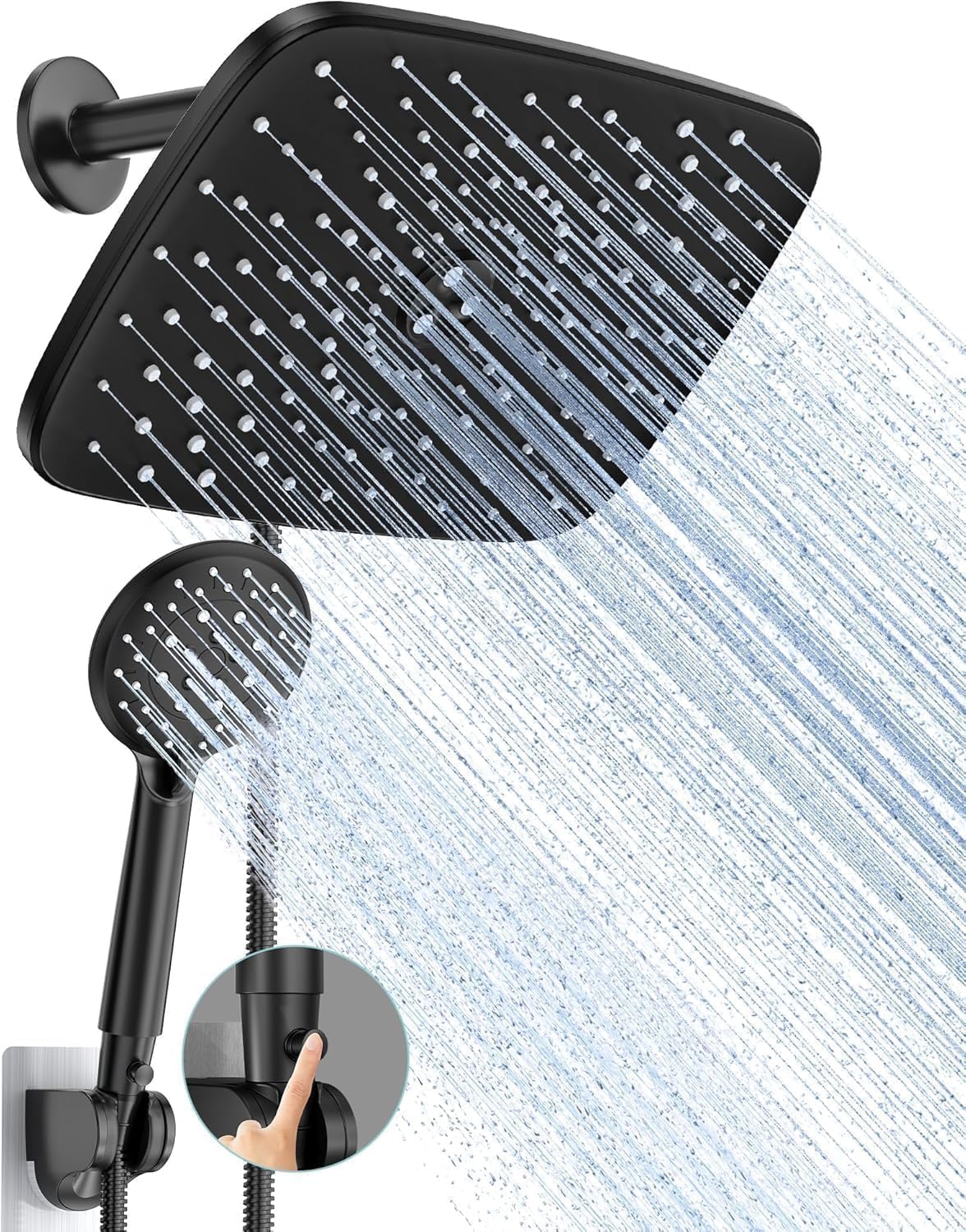 Veken 11.8 Inch Rain Shower Head with Handheld- High Pressure Dual Shower Heads with 5 Modes Handheld Spray Combo- Wide Rainfall Showerhead with Hose, Bathroom Accessories, Matte Black 2.5GPM Matte Black
