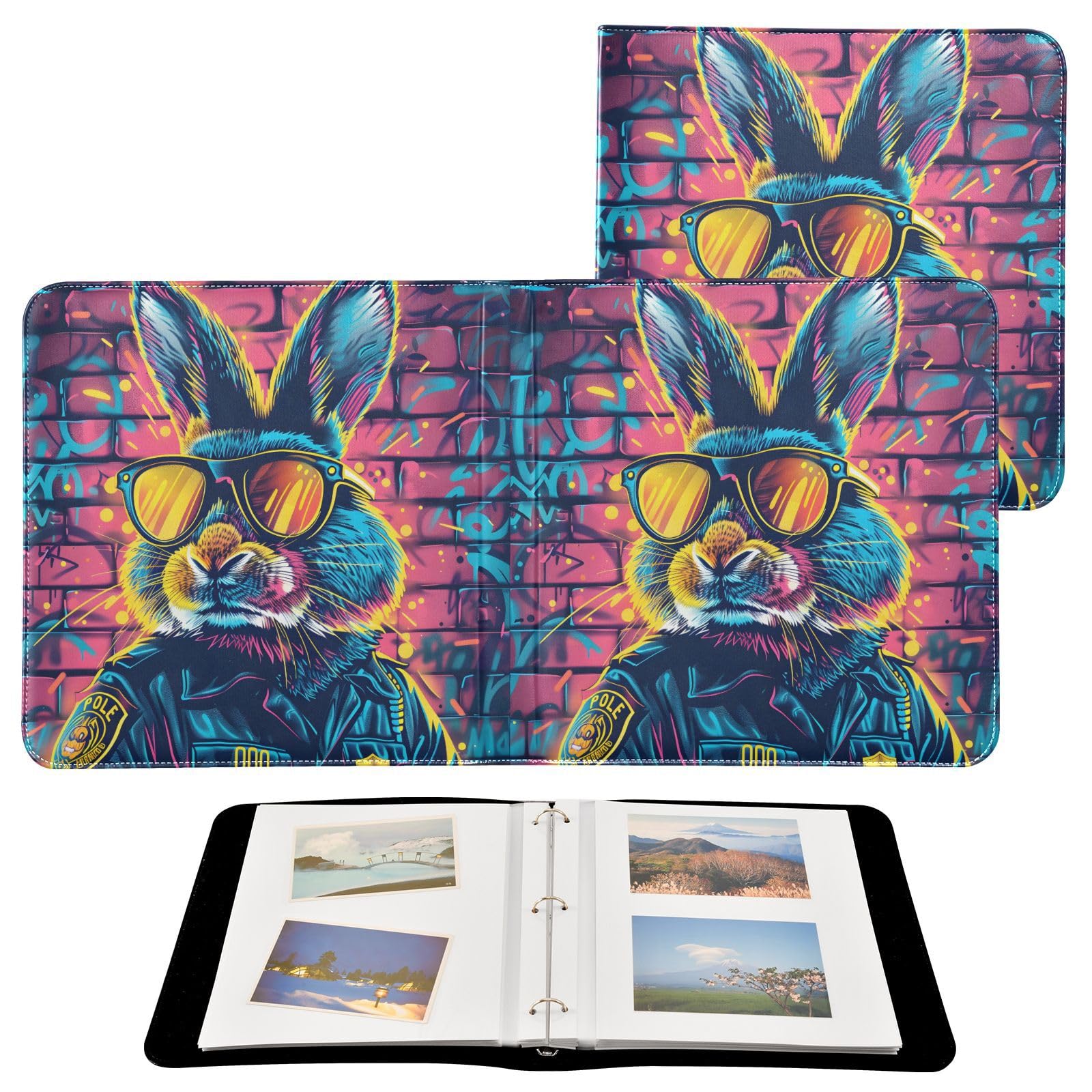 JIPONI Cute Rabbit Police Officer Large Photo Album, DIY Leather Cover Scrapbook Albums for 4x6 5x7 6x8 Pictures, Self Adhesive Memory Book for Wedding, Baby, Family