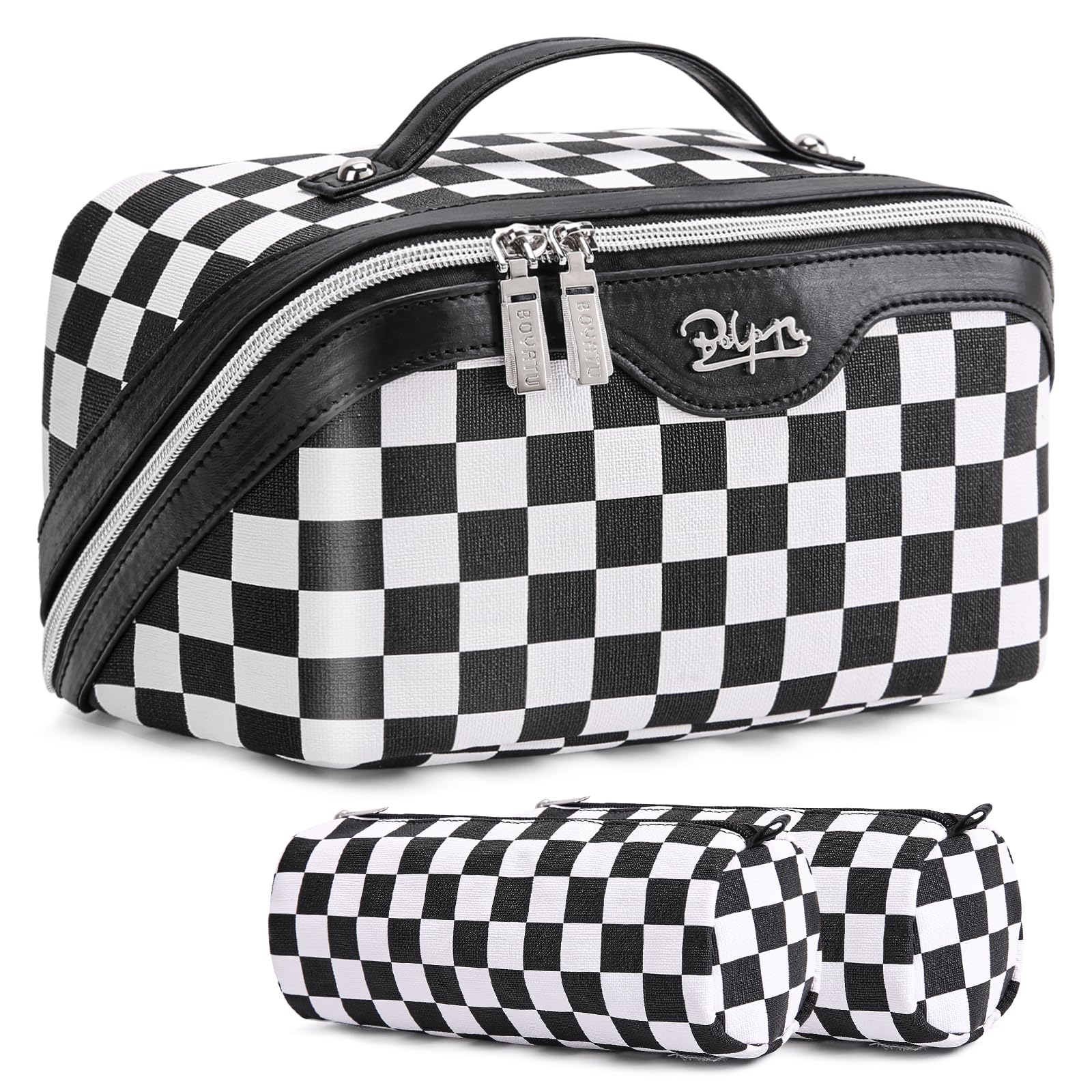 BOYATU Reise Make-up Tasche Kosmetiktaschen für Frauen:3-teiliges Make-up-Taschen-Set (A-5-kariert Mix Schwarz)